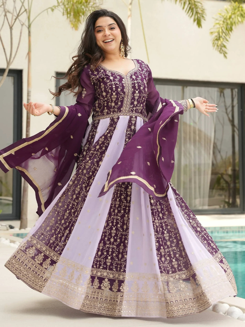Wine Adorable Georgette Sequins Embroidered Gown With Dupatta