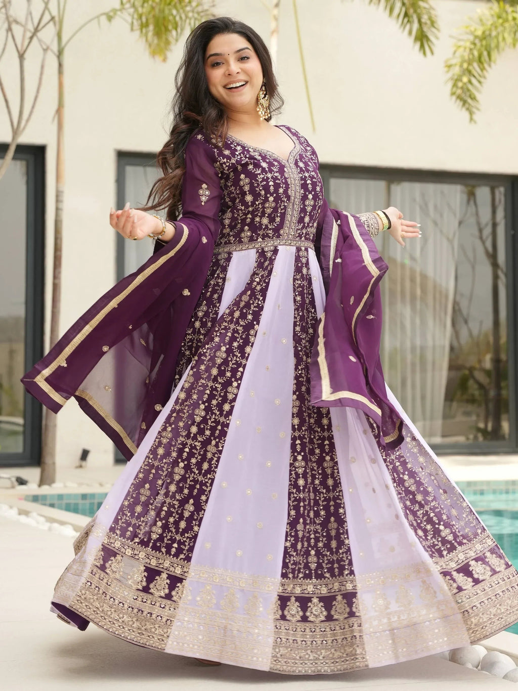 Wine Adorable Georgette Sequins Embroidered Gown With Dupatta