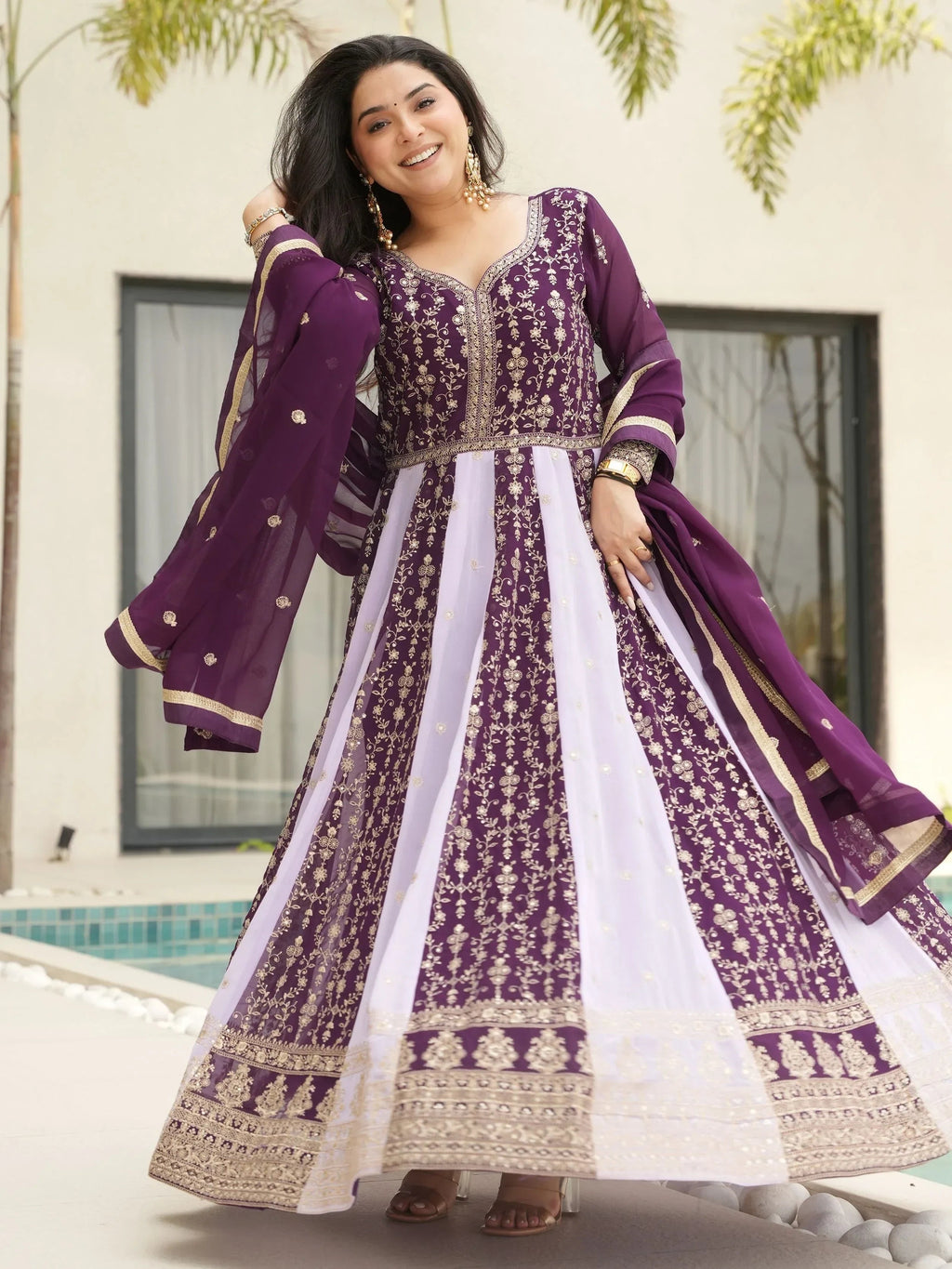 Wine Adorable Georgette Sequins Embroidered Gown With Dupatta