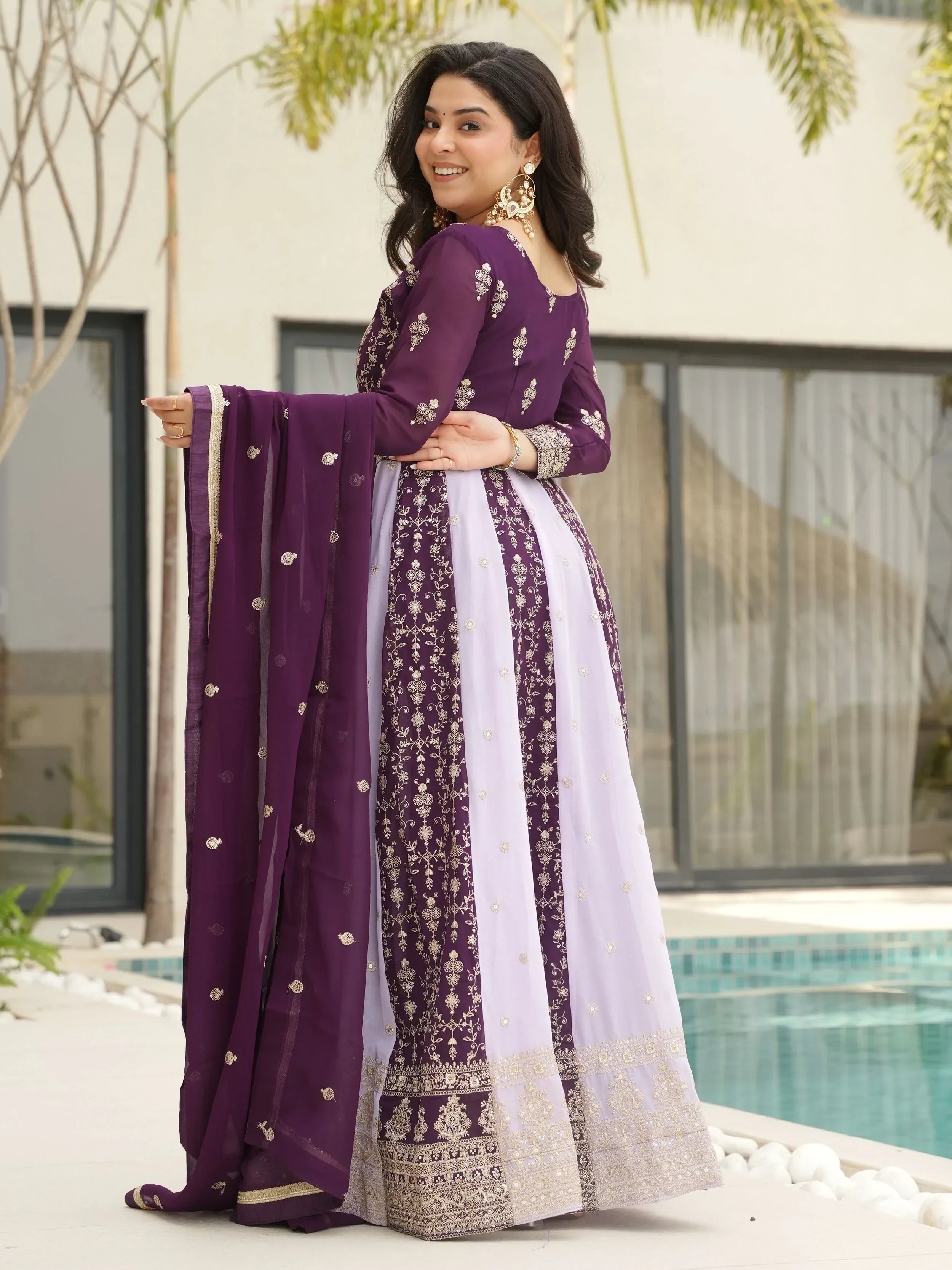 Wine Adorable Georgette Sequins Embroidered Gown With Dupatta