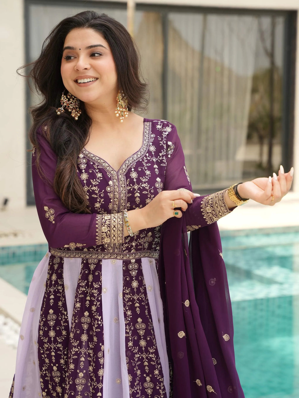 Wine Adorable Georgette Sequins Embroidered Gown With Dupatta