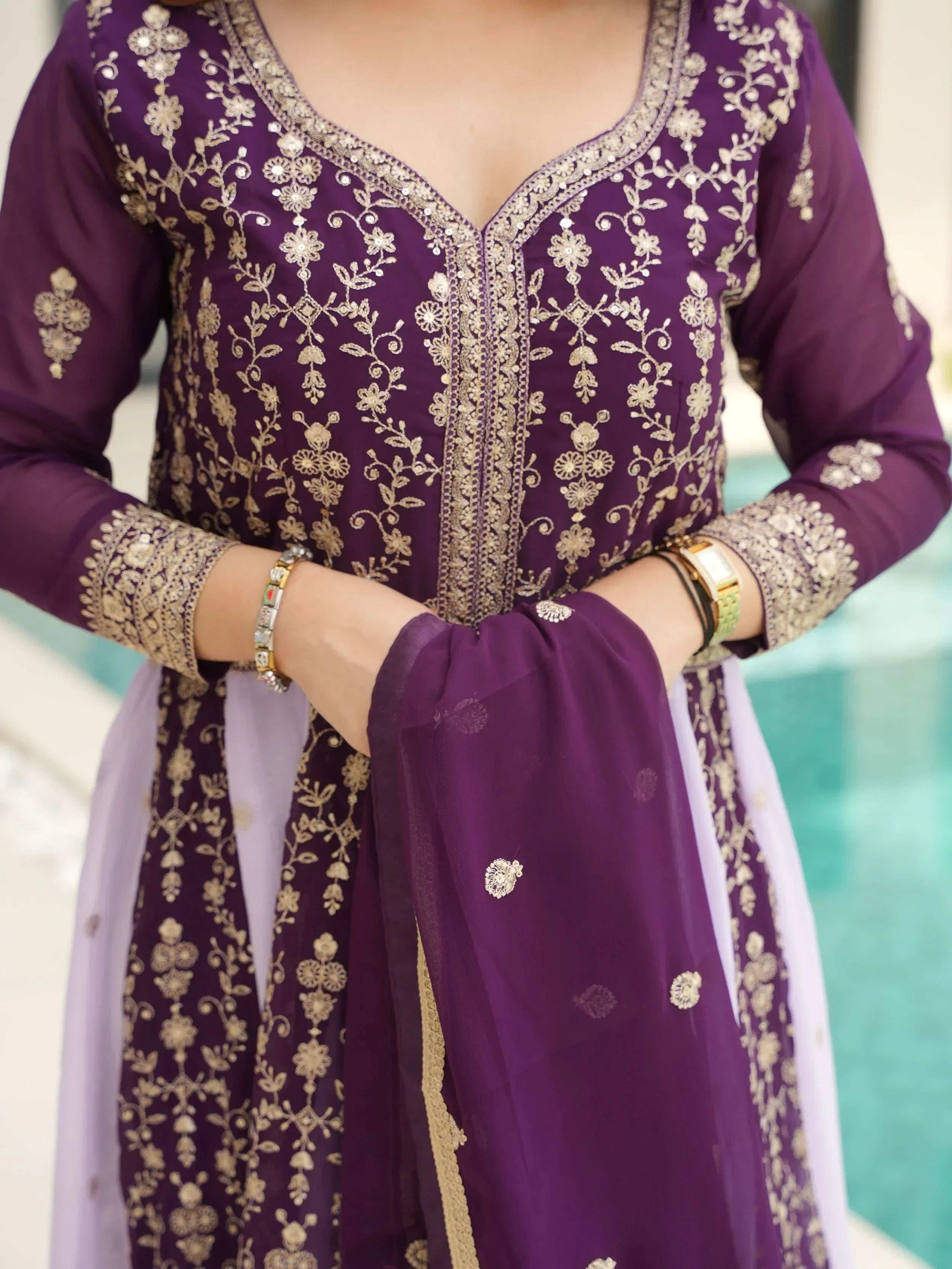 Wine Adorable Georgette Sequins Embroidered Gown With Dupatta