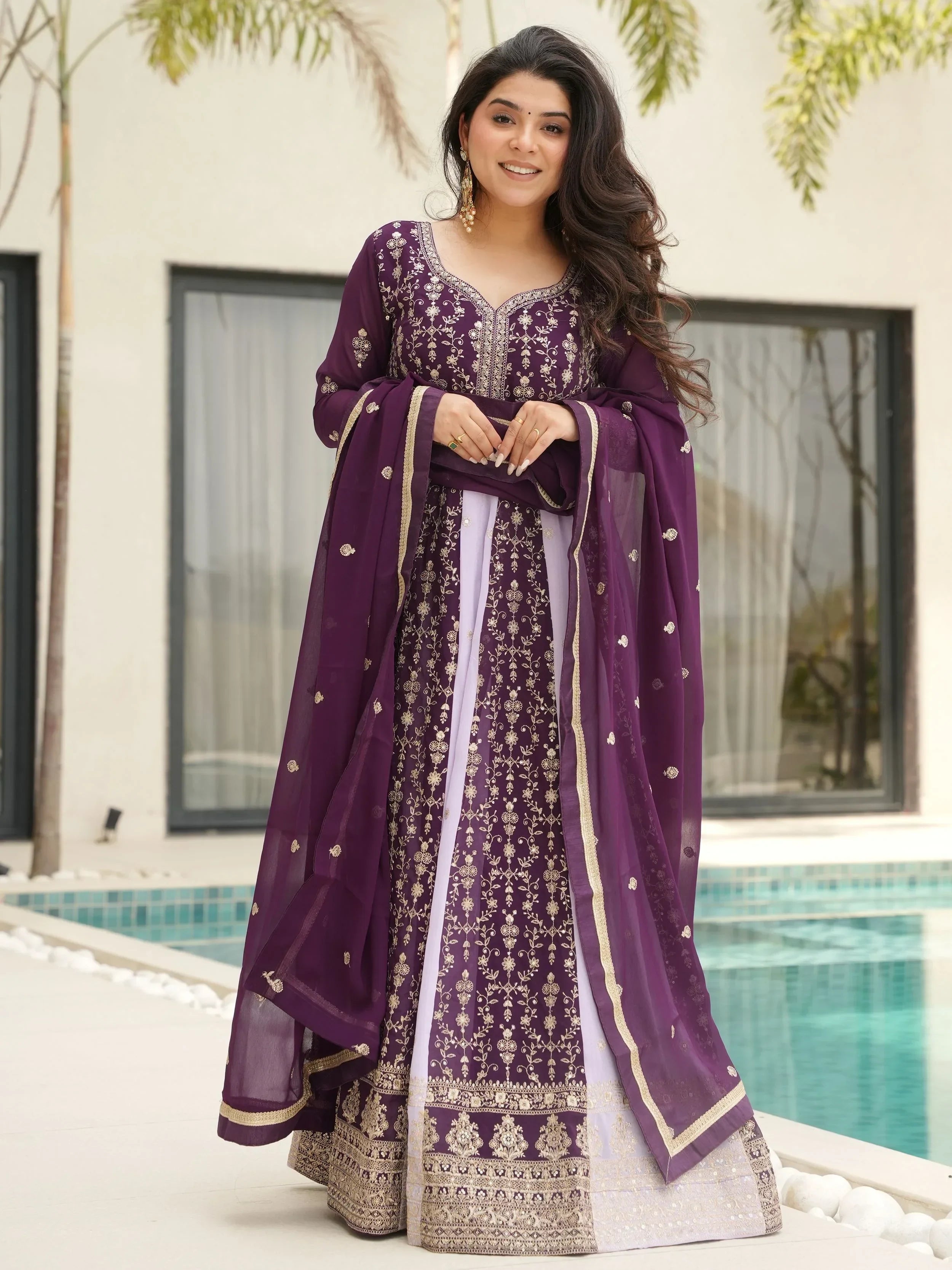 Wine Adorable Georgette Sequins Embroidered Gown With Dupatta