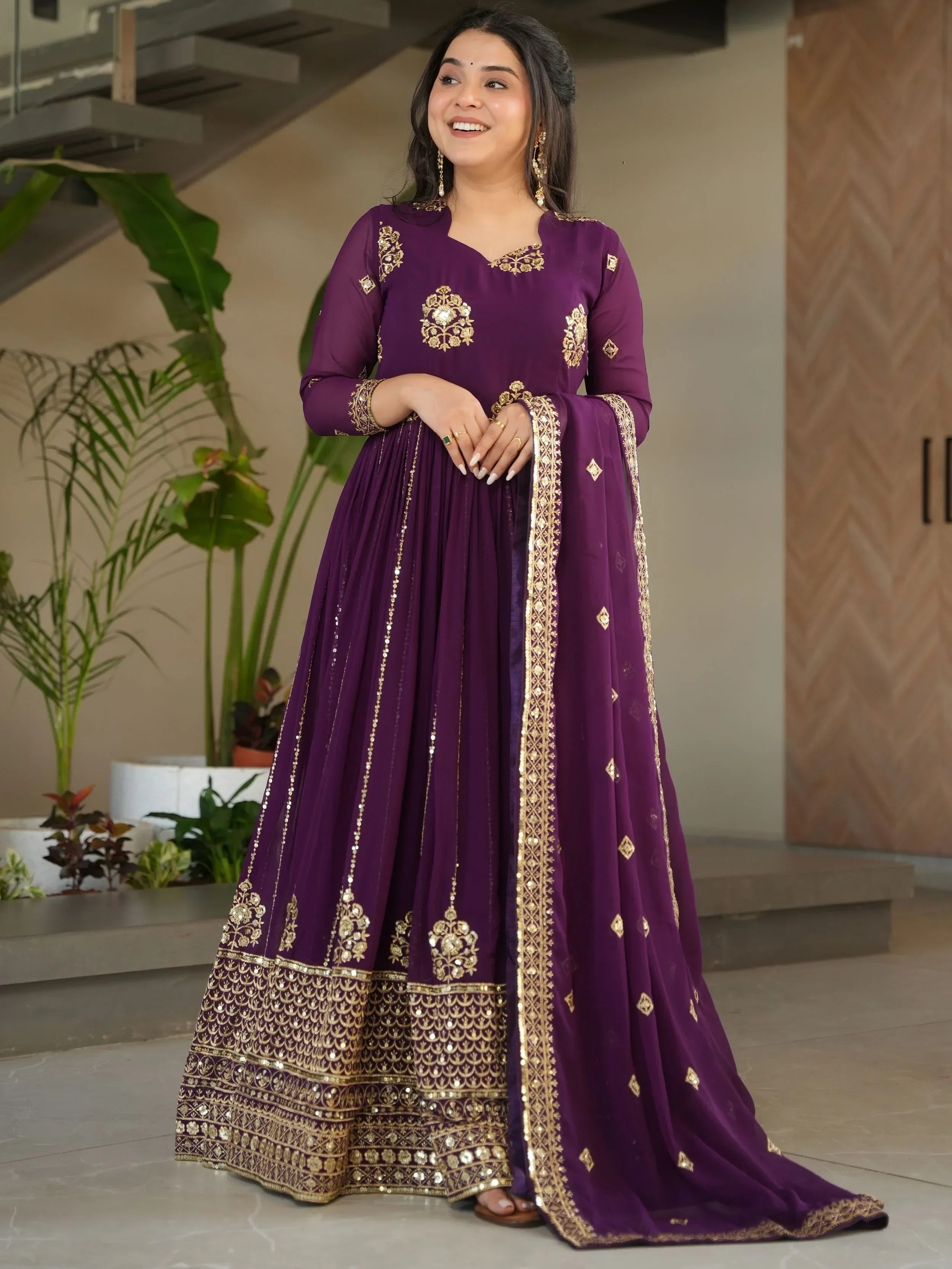 Wine Intricate Georgette Sequins Embroidered Gown With Dupatta
