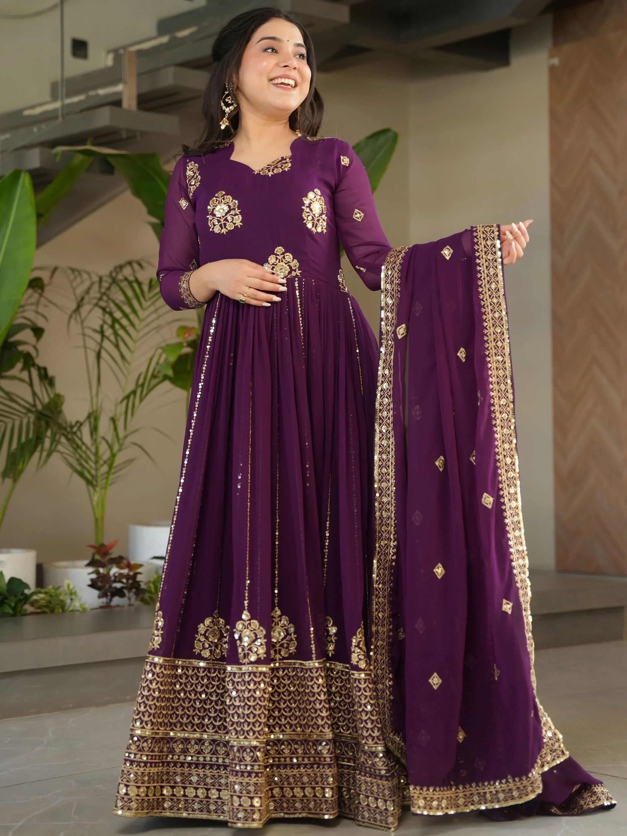 Wine Intricate Georgette Sequins Embroidered Gown With Dupatta