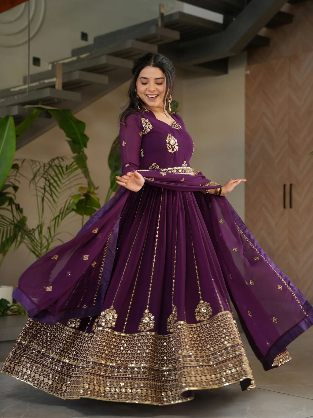 Wine Intricate Georgette Sequins Embroidered Gown With Dupatta