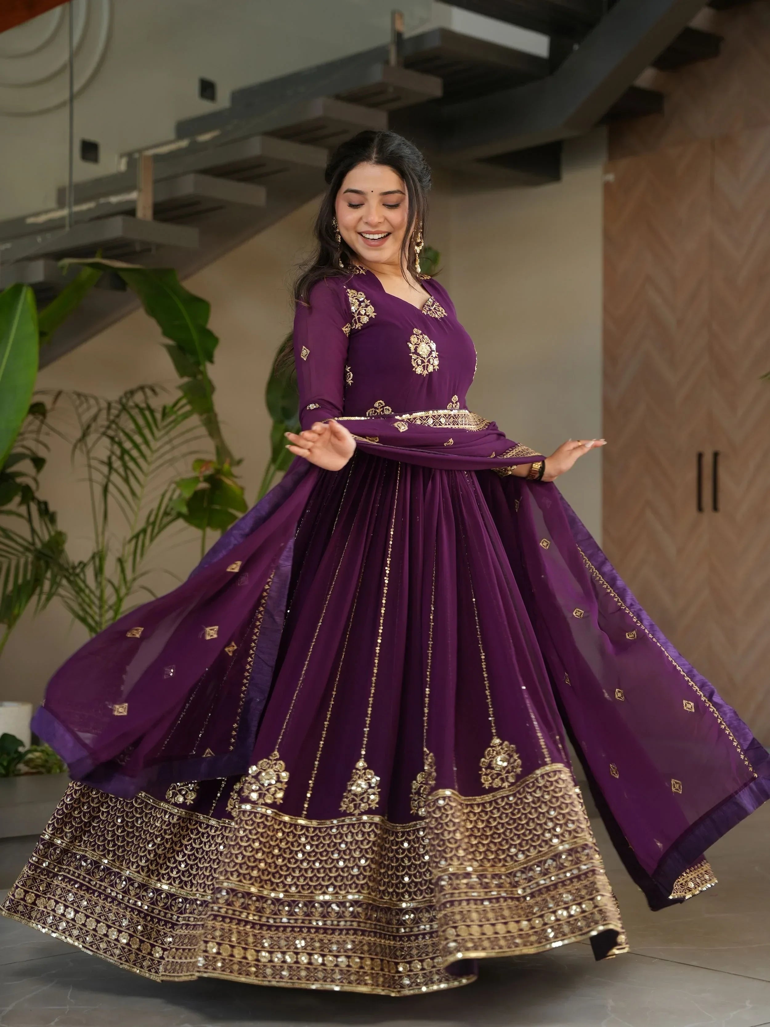 Wine Intricate Georgette Sequins Embroidered Gown With Dupatta