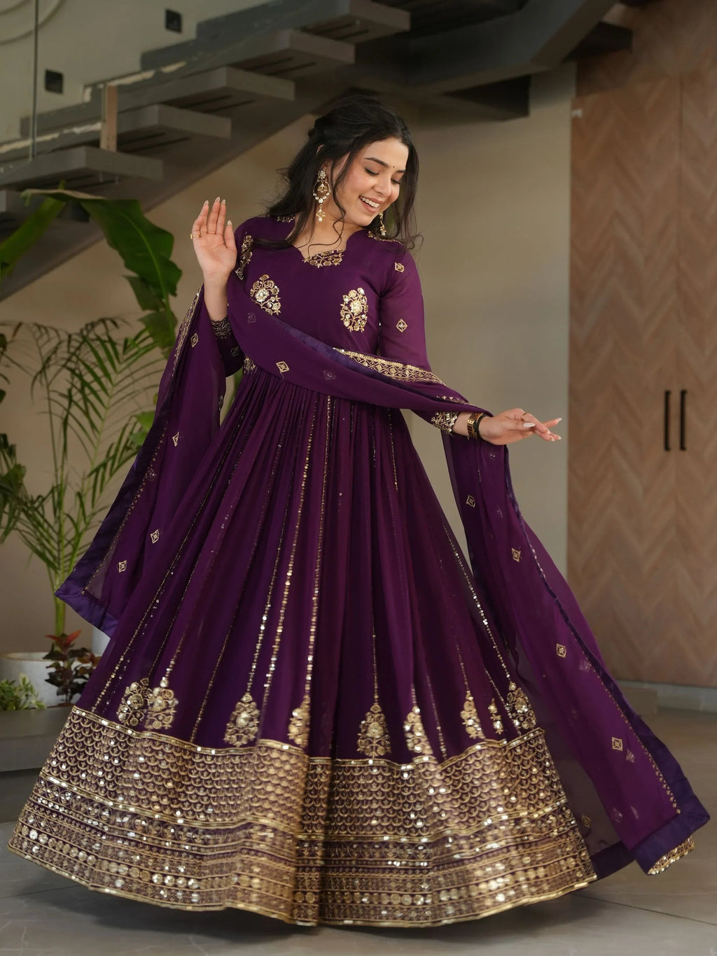 Wine Intricate Georgette Sequins Embroidered Gown With Dupatta