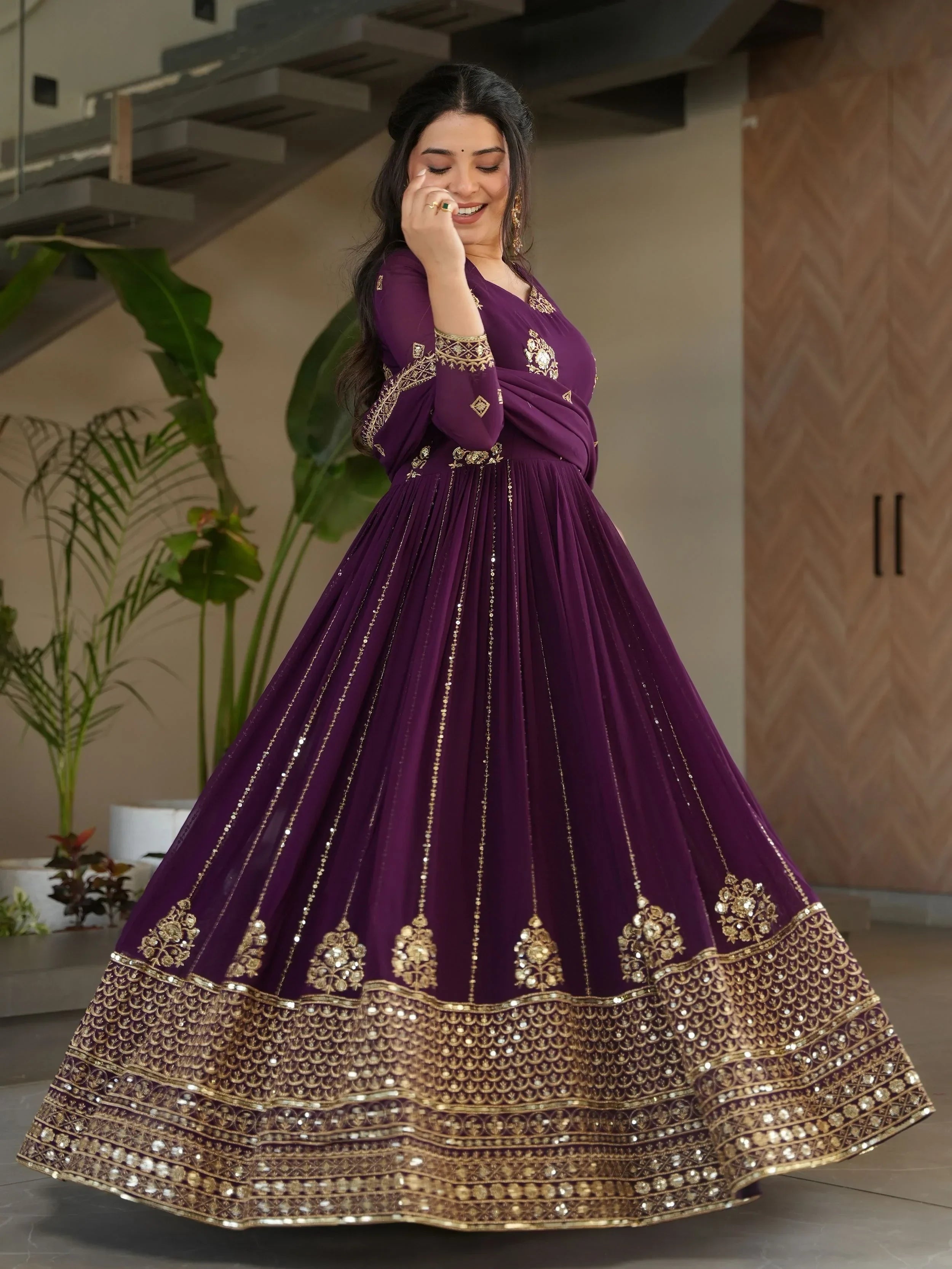 Wine Intricate Georgette Sequins Embroidered Gown With Dupatta