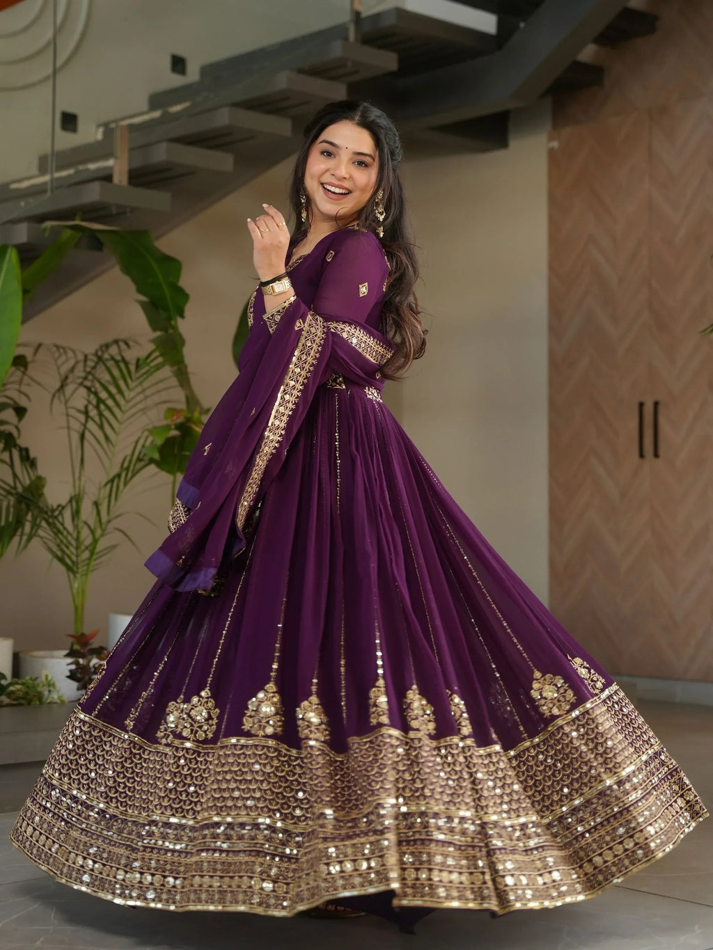 Wine Intricate Georgette Sequins Embroidered Gown With Dupatta