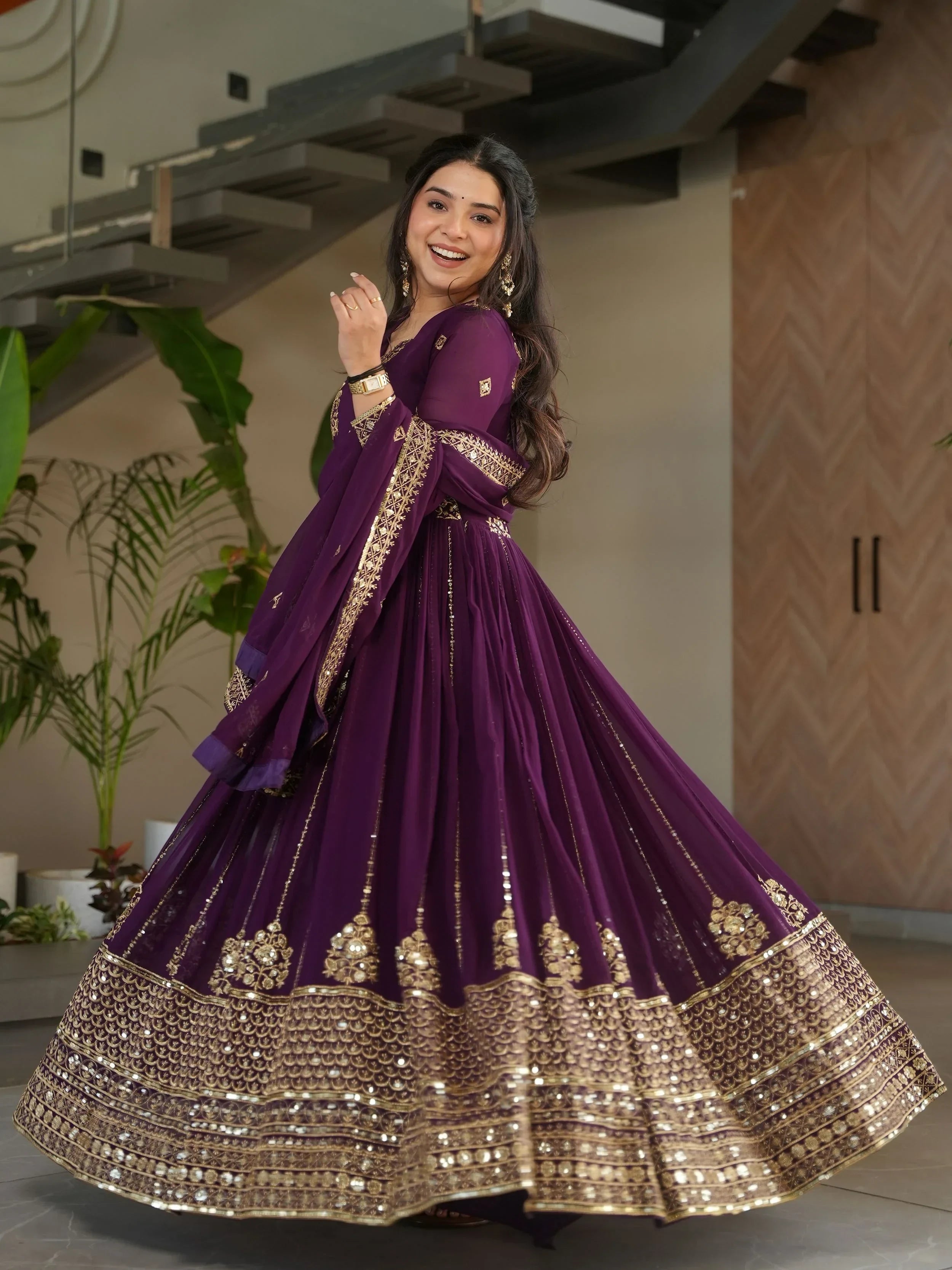 Wine Intricate Georgette Sequins Embroidered Gown With Dupatta