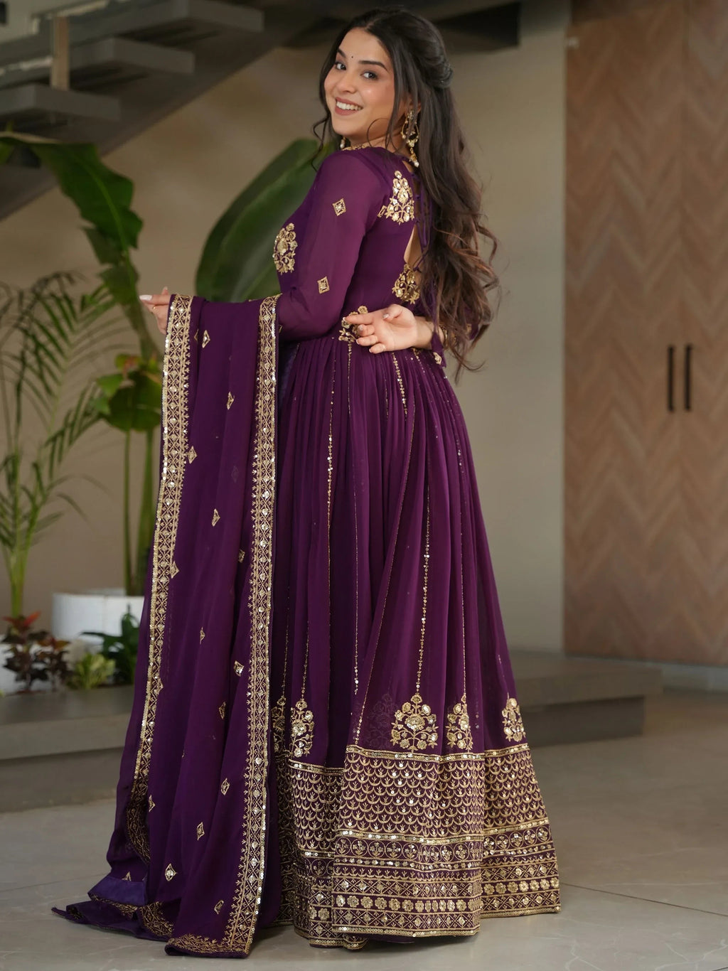 Wine Intricate Georgette Sequins Embroidered Gown With Dupatta