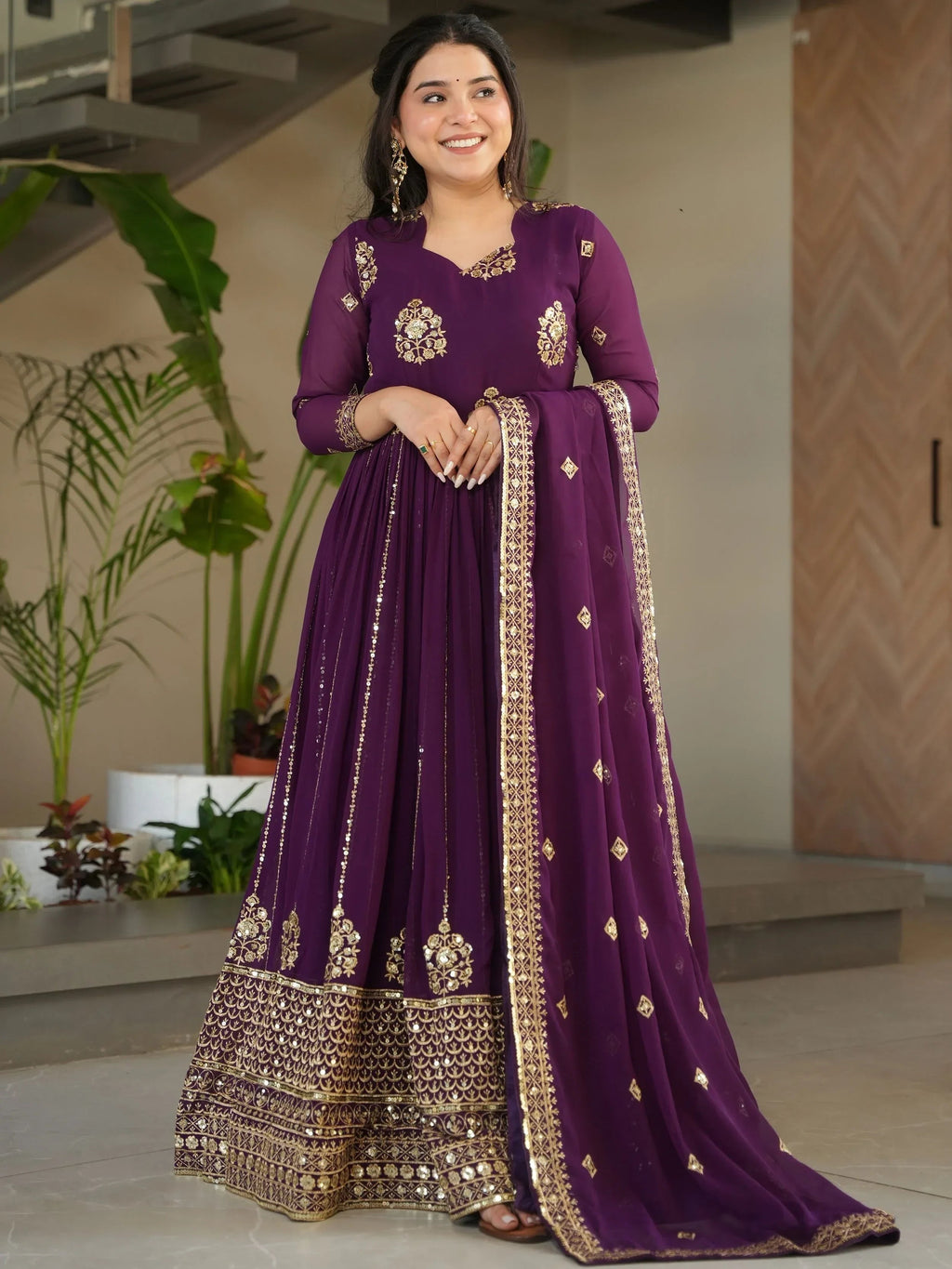 Wine Intricate Georgette Sequins Embroidered Gown With Dupatta