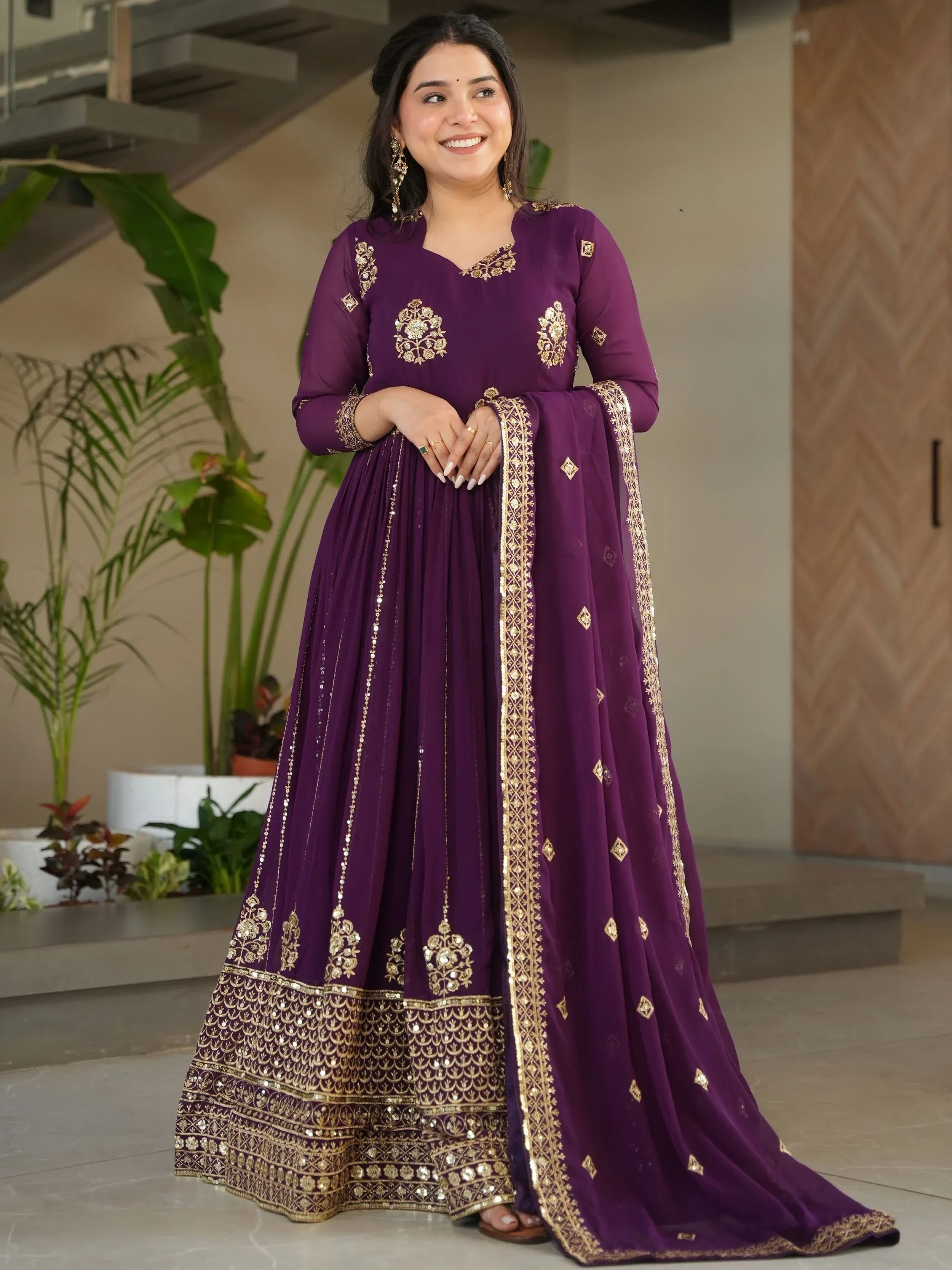Wine Intricate Georgette Sequins Embroidered Gown With Dupatta