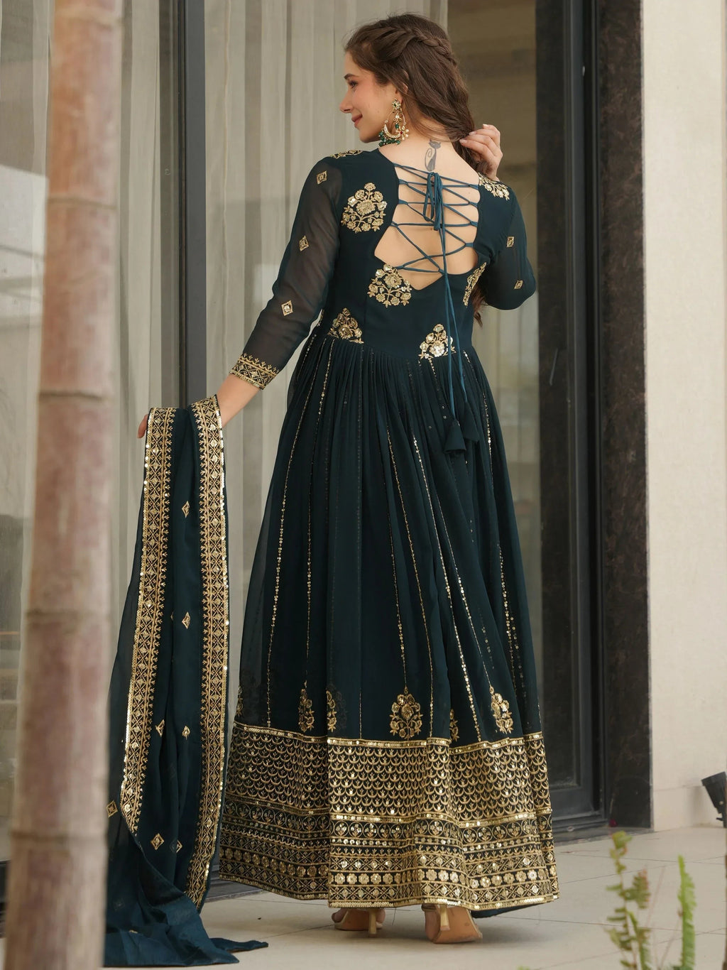 Blue Intricate Georgette Sequins Embroidered Gown With Dupatta