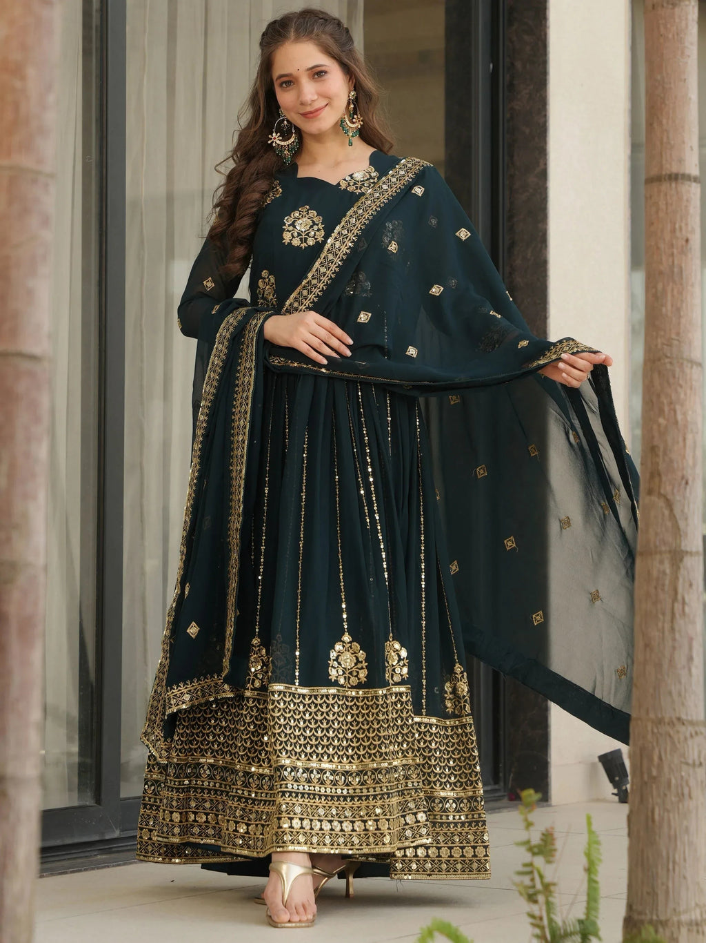 Blue Intricate Georgette Sequins Embroidered Gown With Dupatta