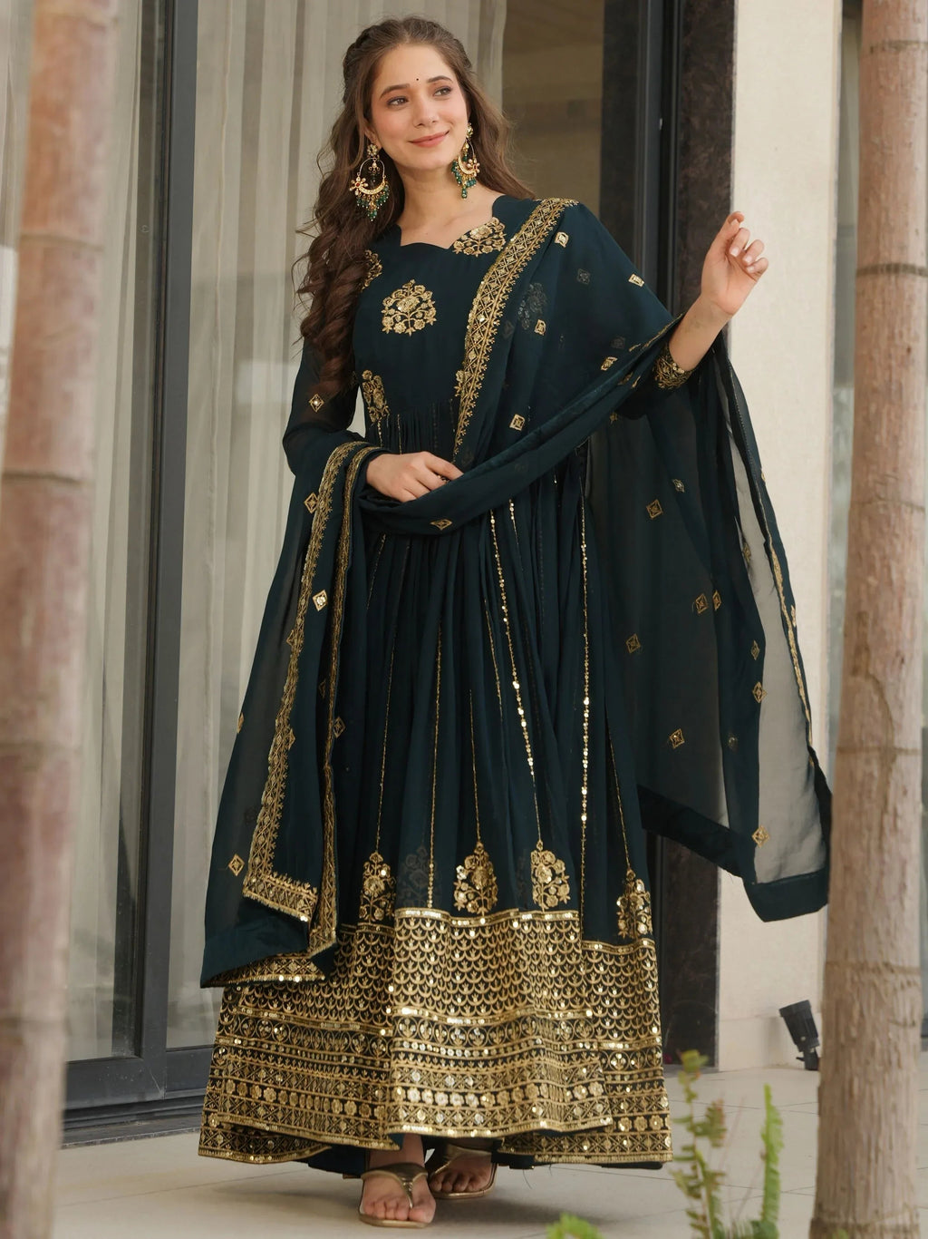 Blue Intricate Georgette Sequins Embroidered Gown With Dupatta