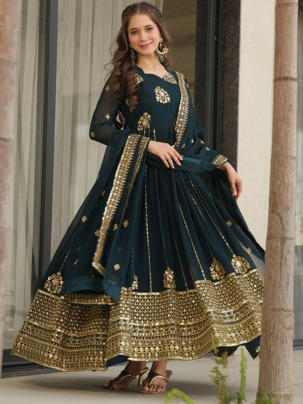 Blue Intricate Georgette Sequins Embroidered Gown With Dupatta