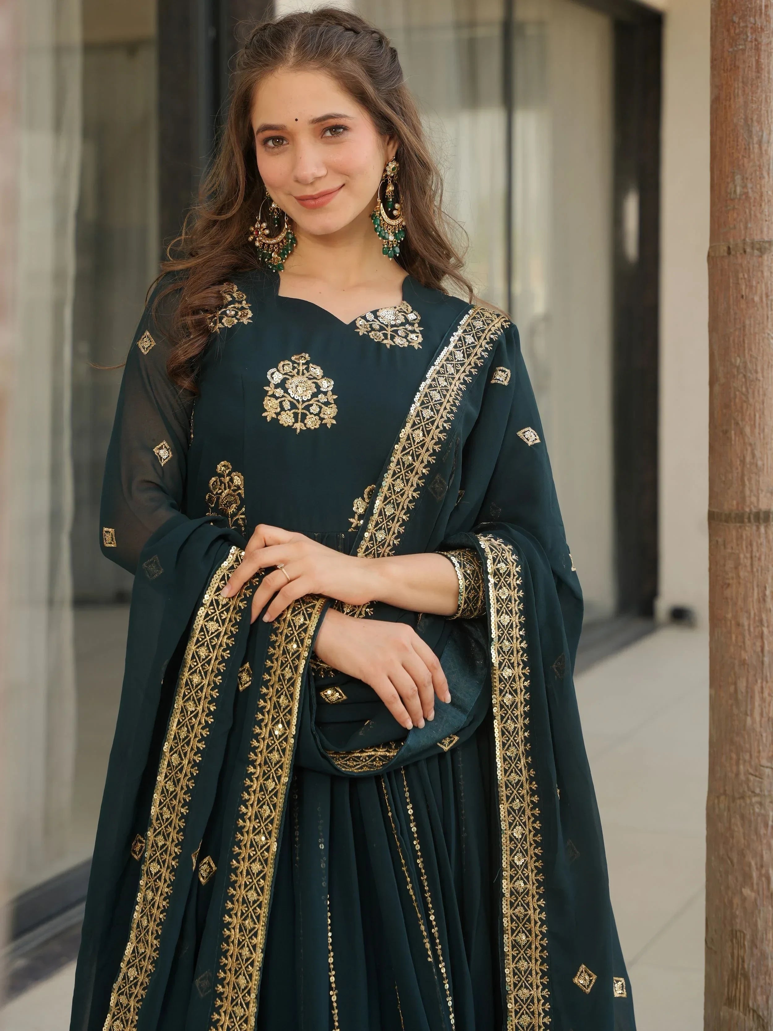 Blue Intricate Georgette Sequins Embroidered Gown With Dupatta