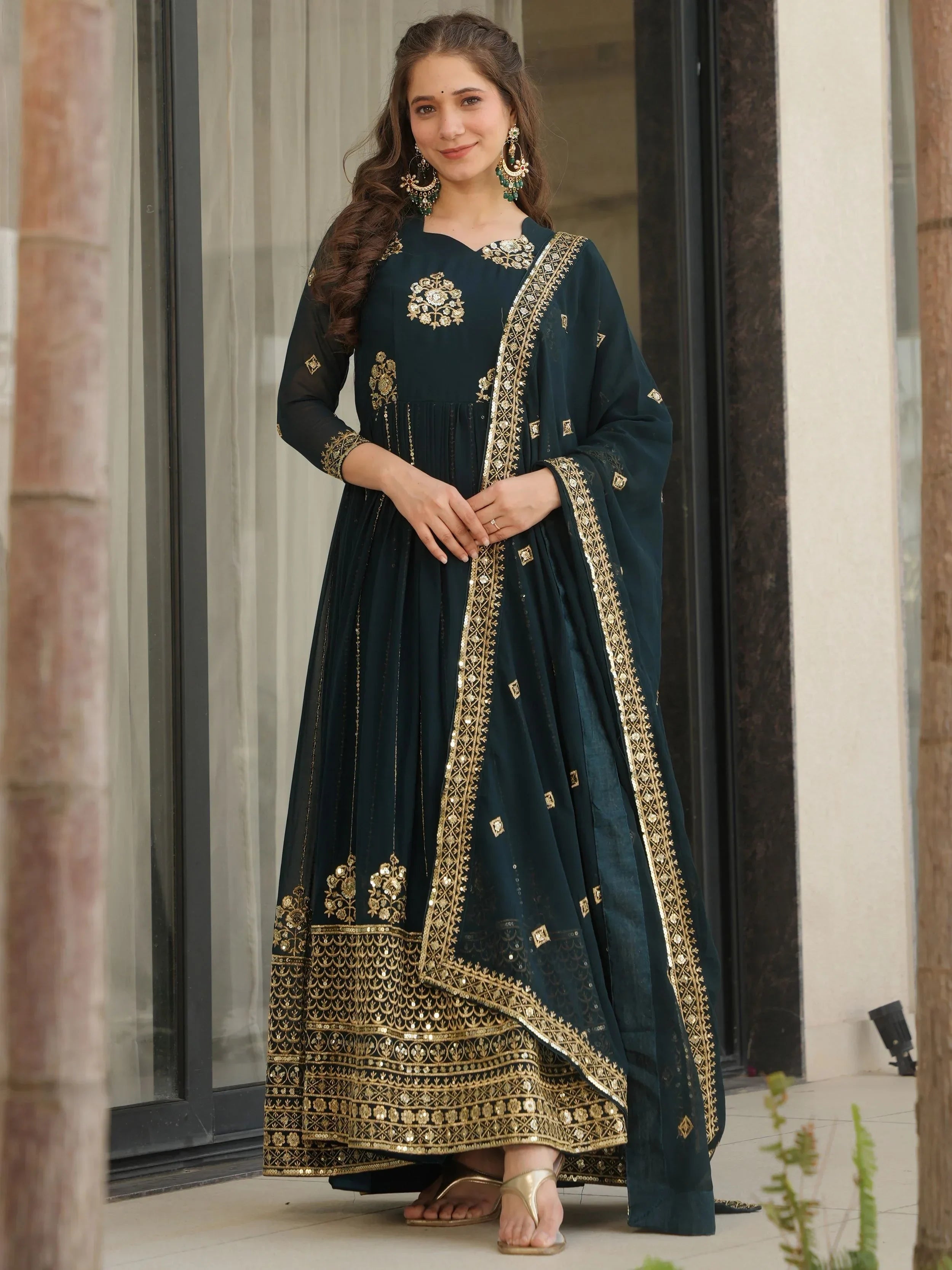 Blue Intricate Georgette Sequins Embroidered Gown With Dupatta