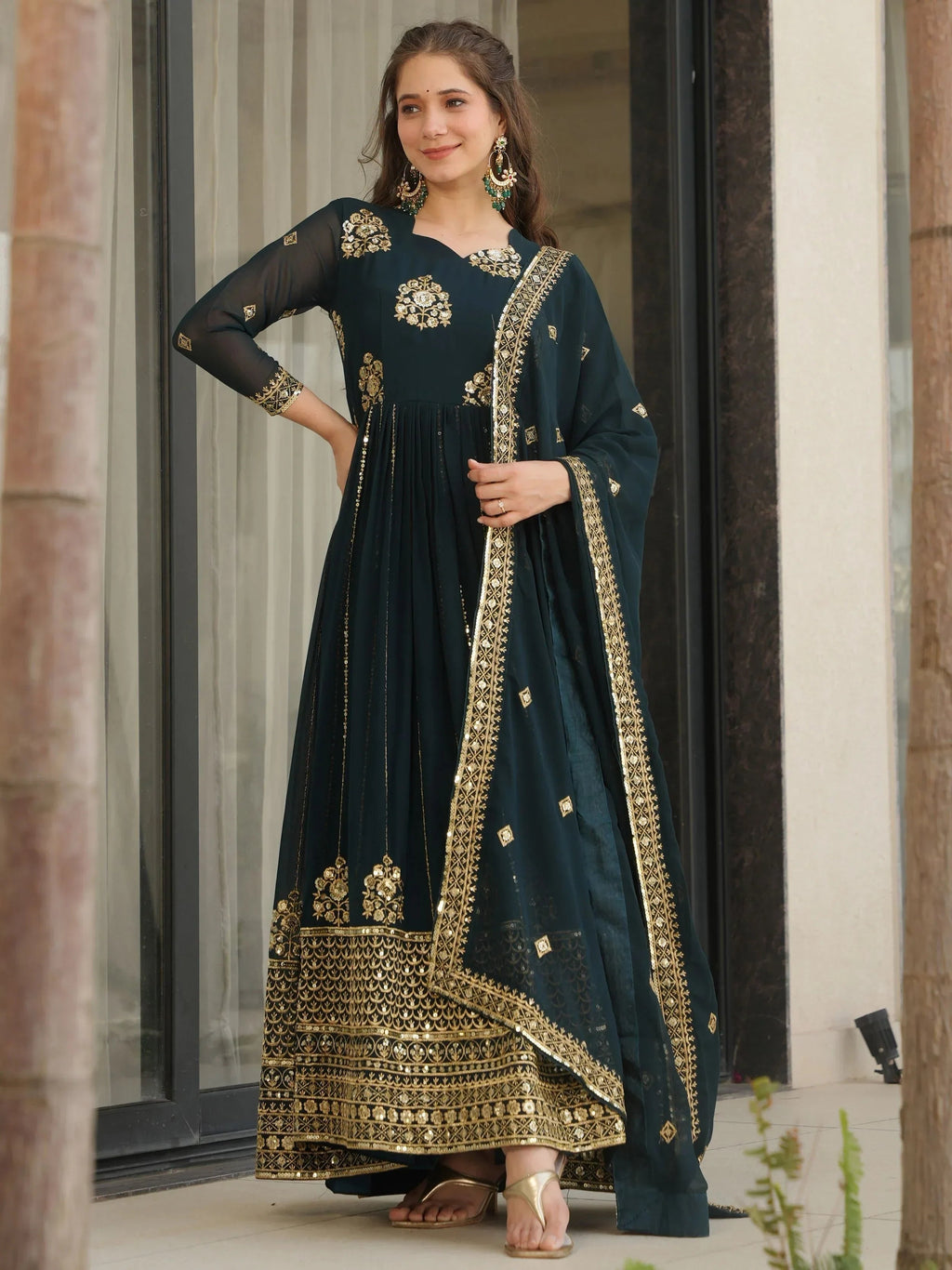 Blue Intricate Georgette Sequins Embroidered Gown With Dupatta
