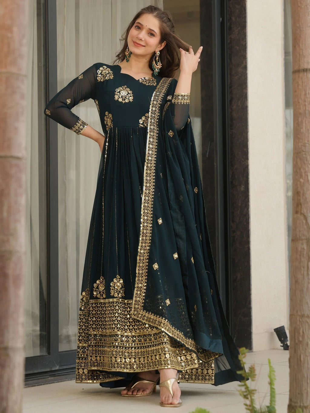 Blue Intricate Georgette Sequins Embroidered Gown With Dupatta