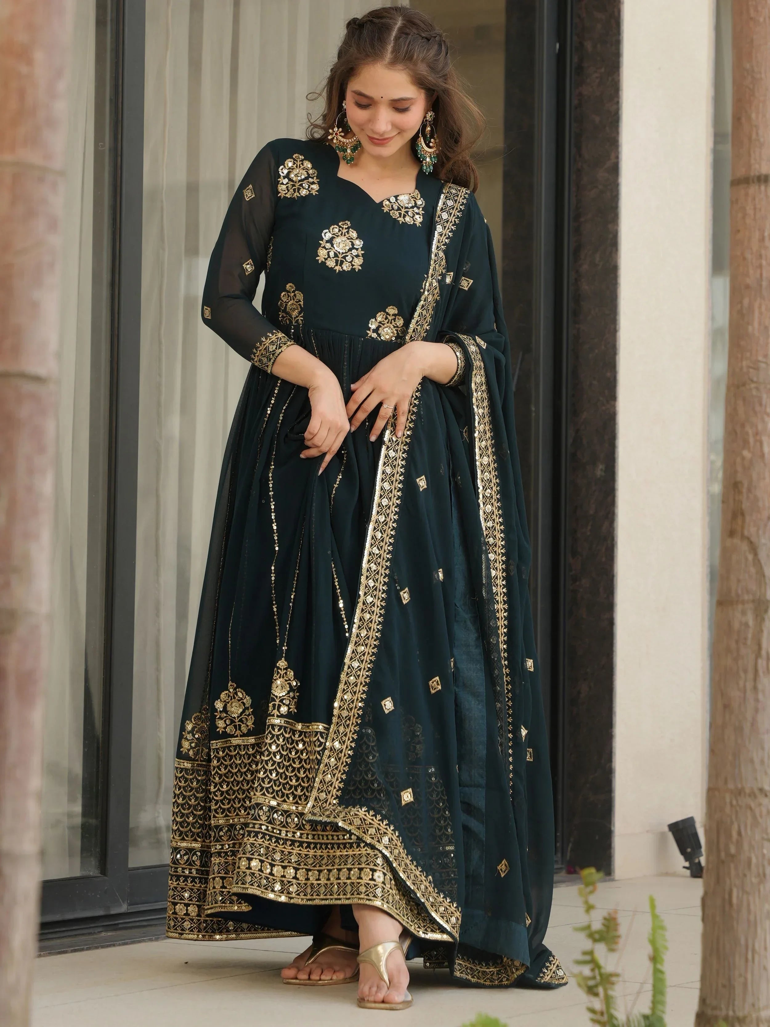 Blue Intricate Georgette Sequins Embroidered Gown With Dupatta