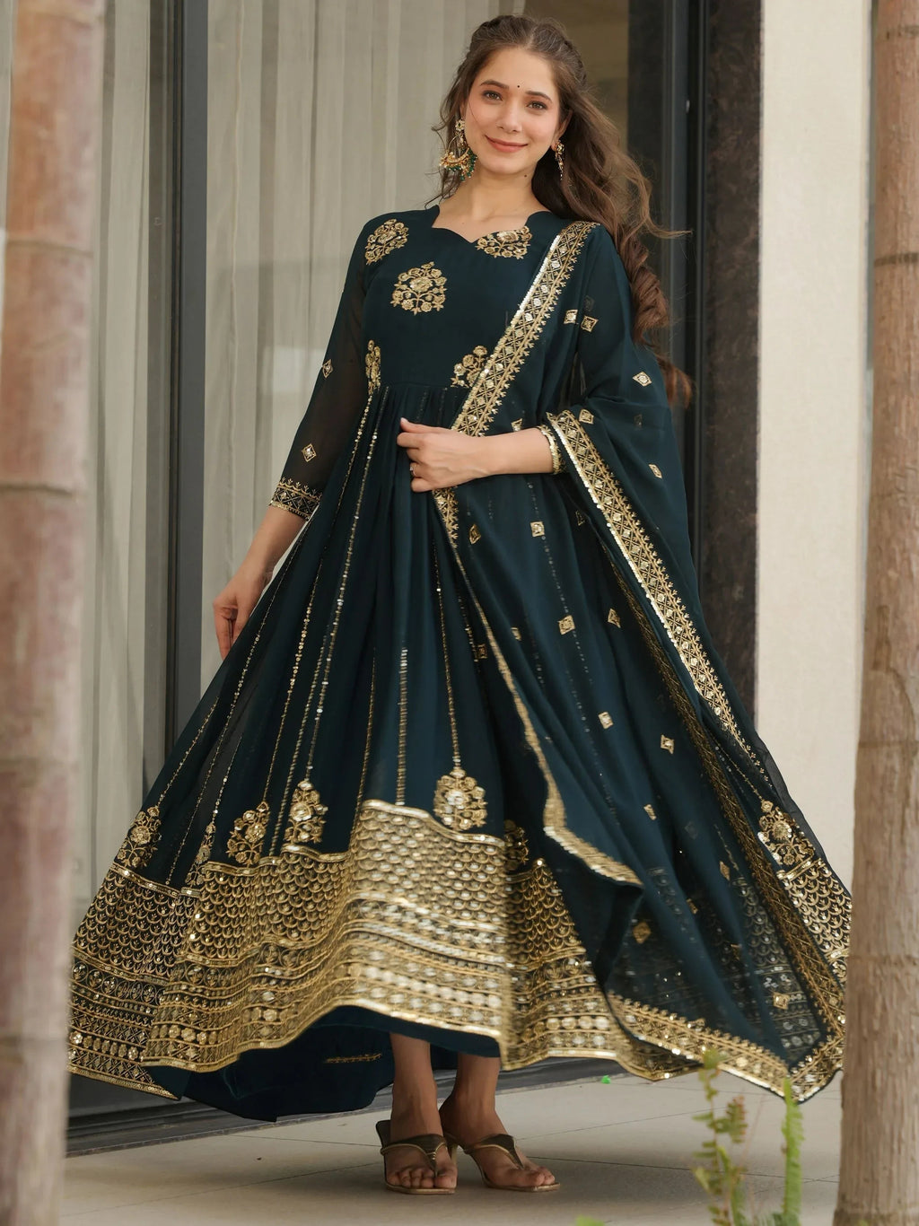 Blue Intricate Georgette Sequins Embroidered Gown With Dupatta