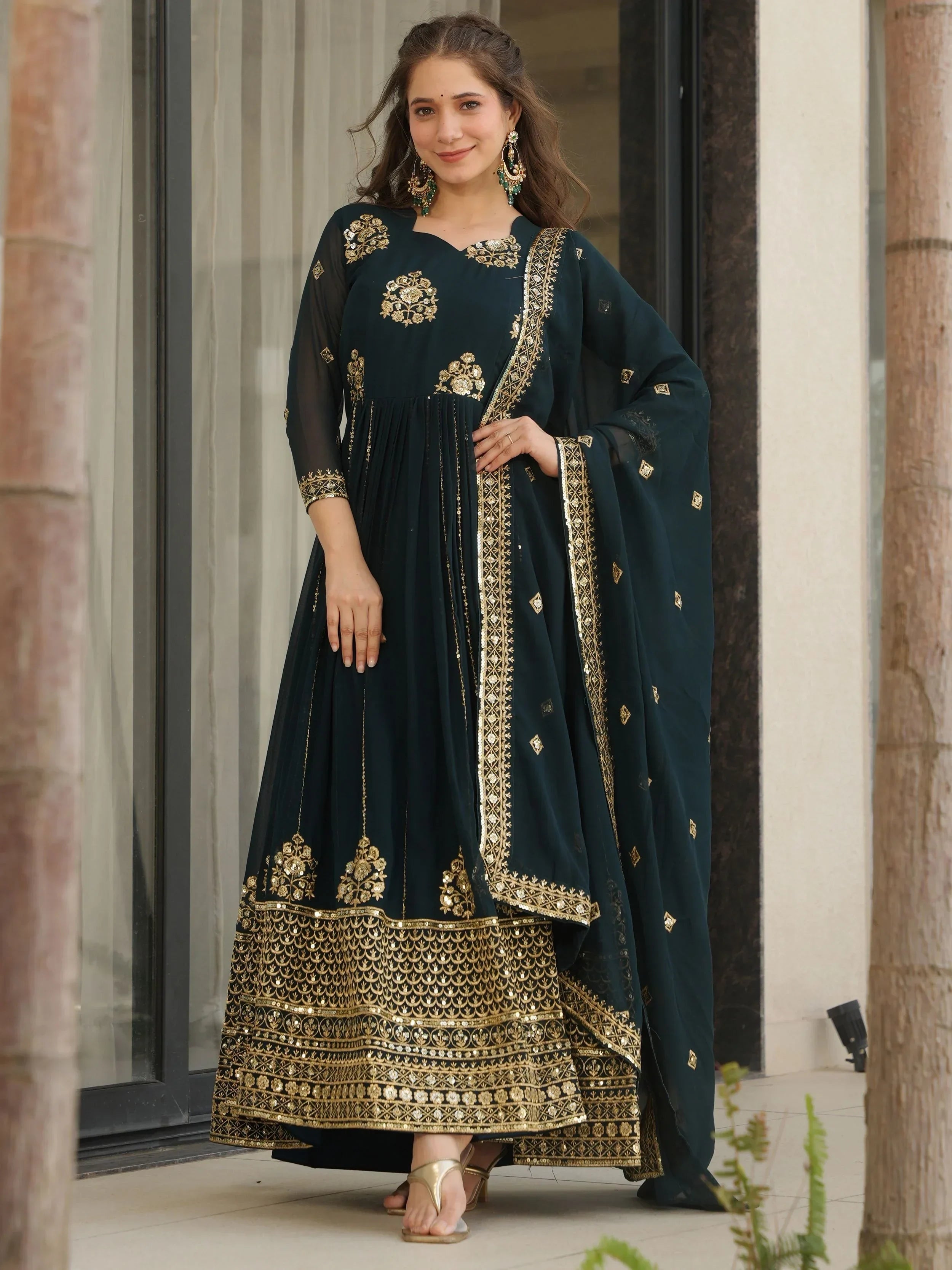 Blue Intricate Georgette Sequins Embroidered Gown With Dupatta