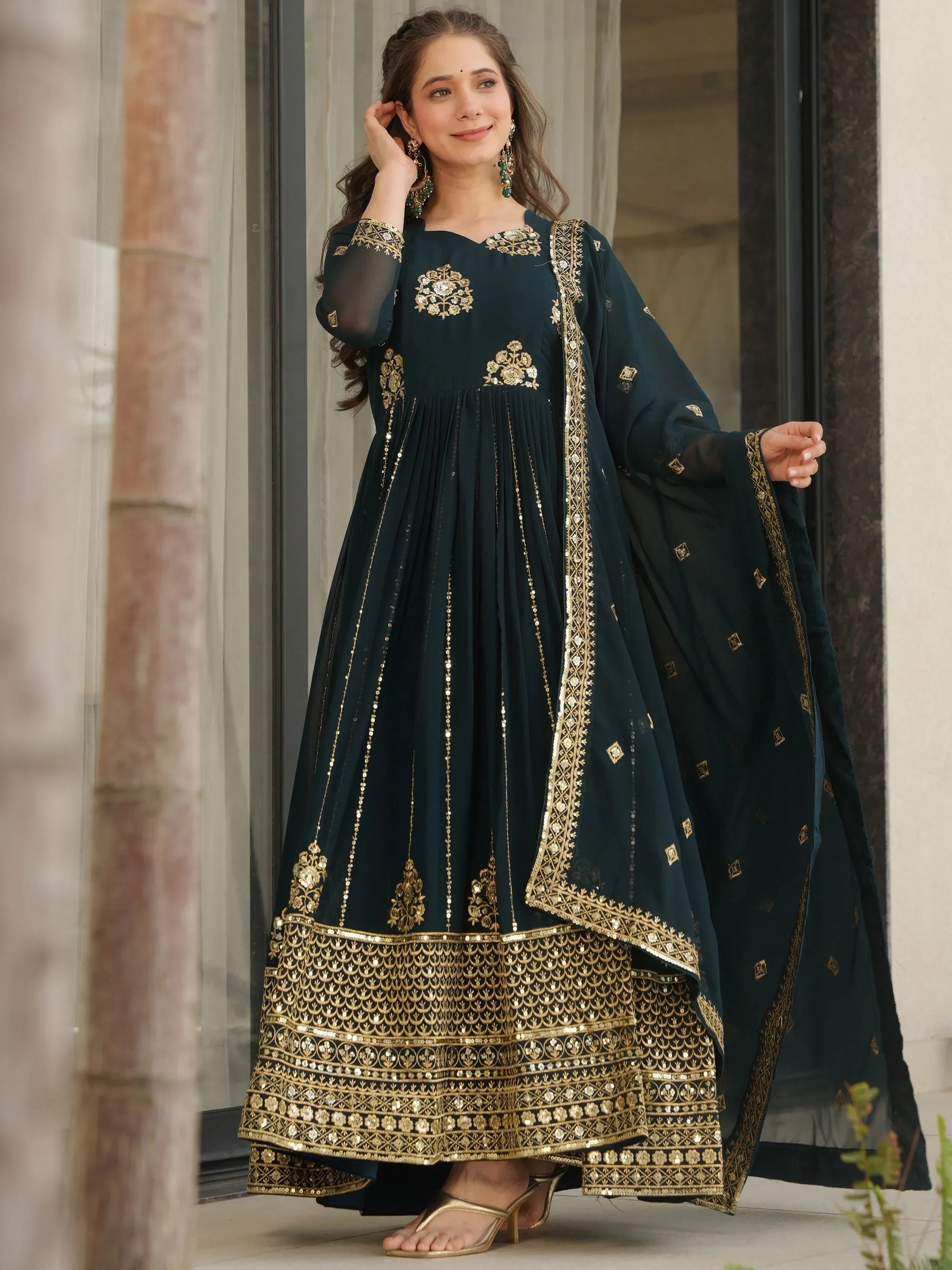 Blue Intricate Georgette Sequins Embroidered Gown With Dupatta