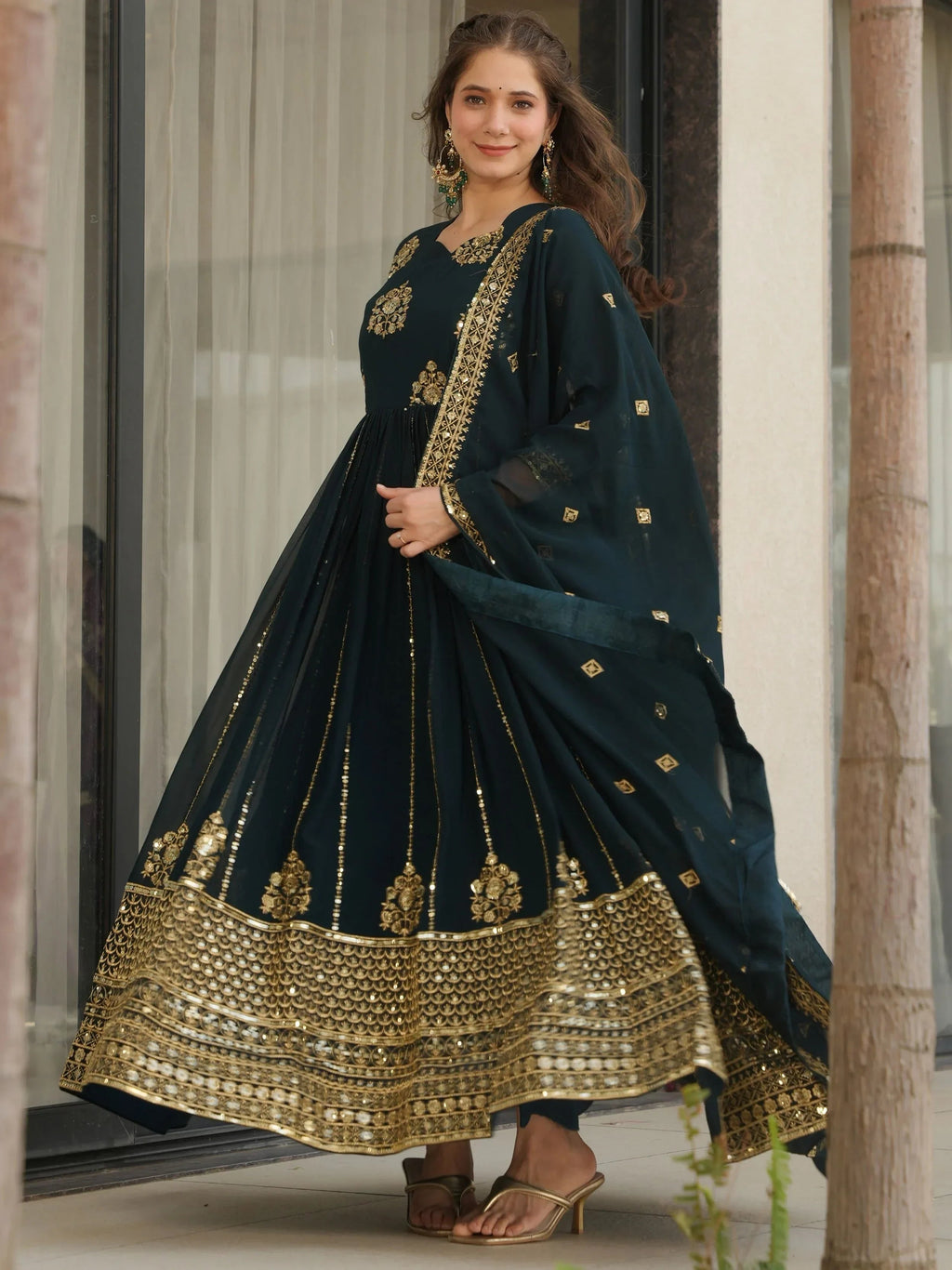 Blue Intricate Georgette Sequins Embroidered Gown With Dupatta