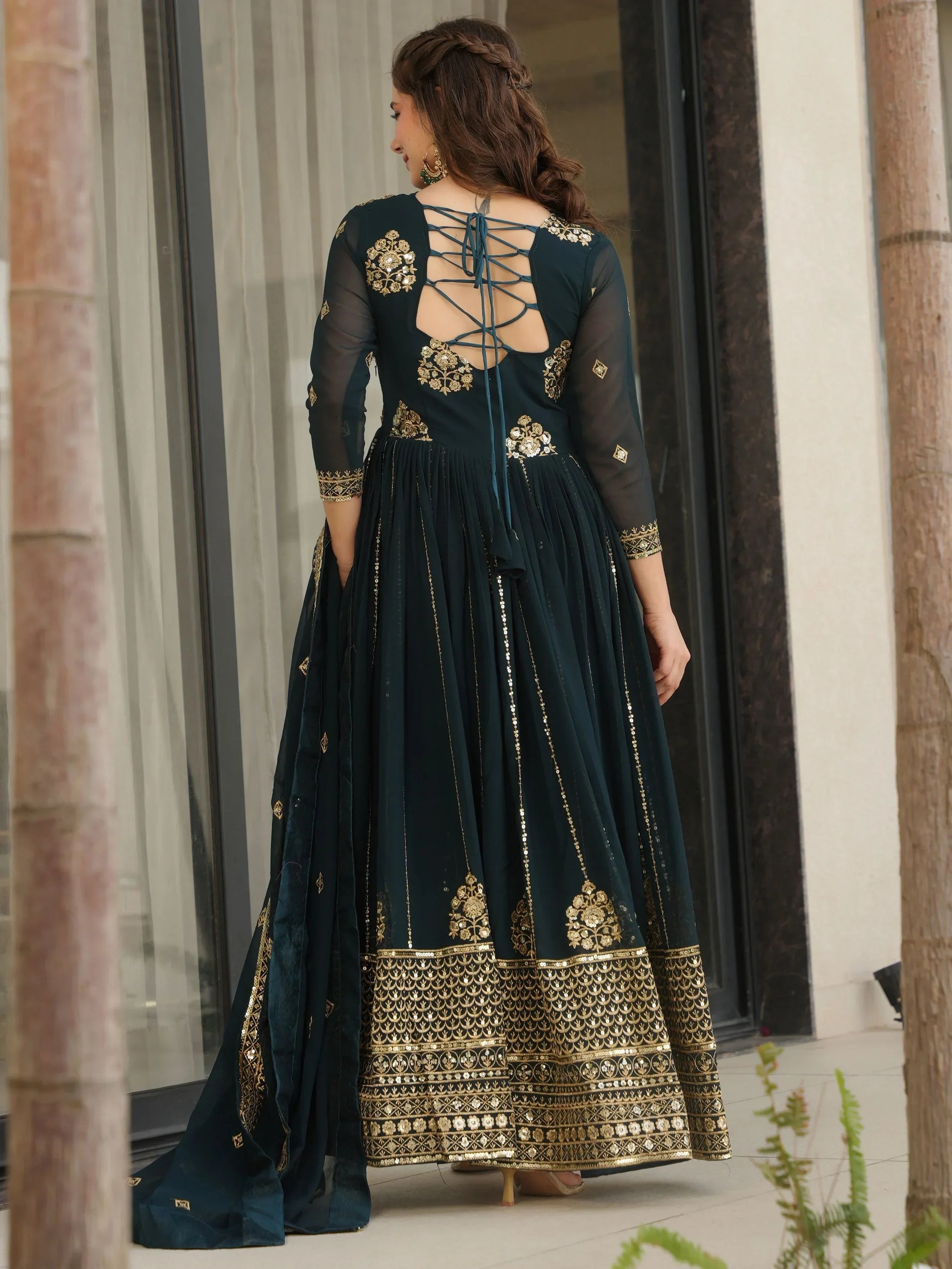 Blue Intricate Georgette Sequins Embroidered Gown With Dupatta
