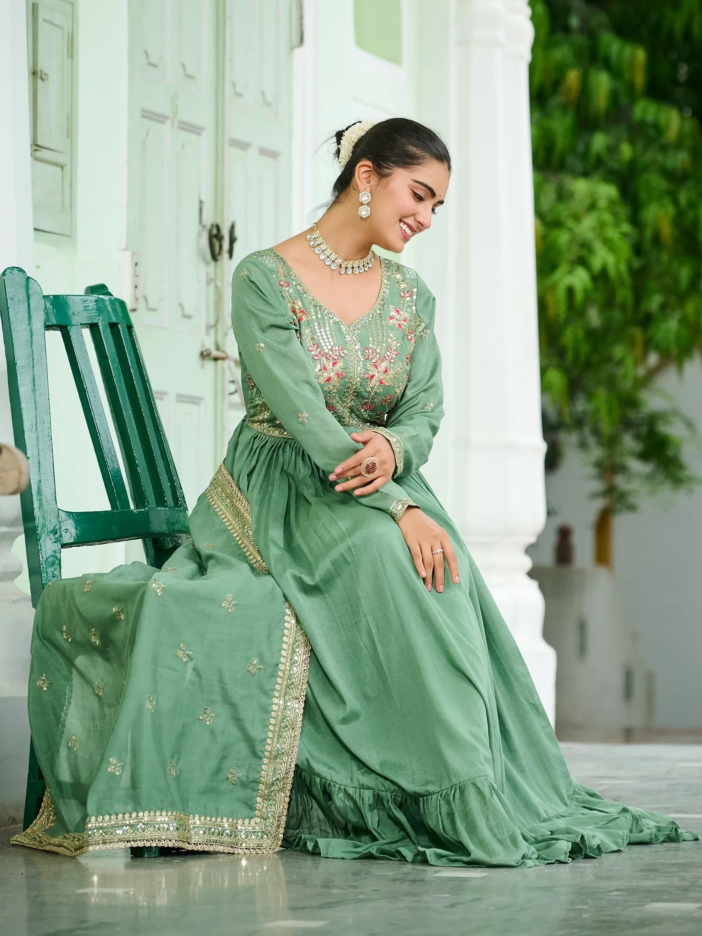 Green Stunning Embroidered Silk Flared Gown With Dupatta