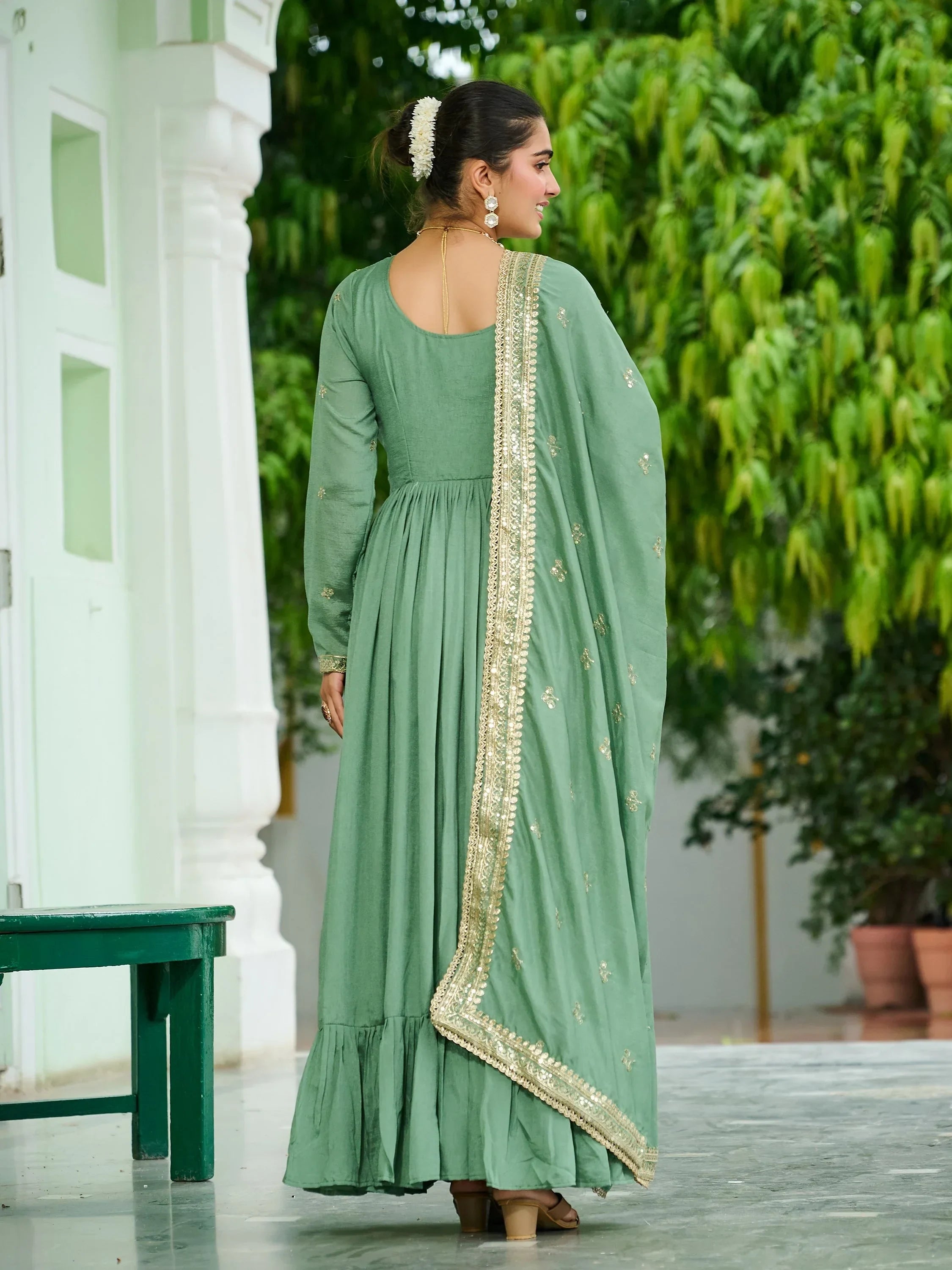 Green Stunning Embroidered Silk Flared Gown With Dupatta