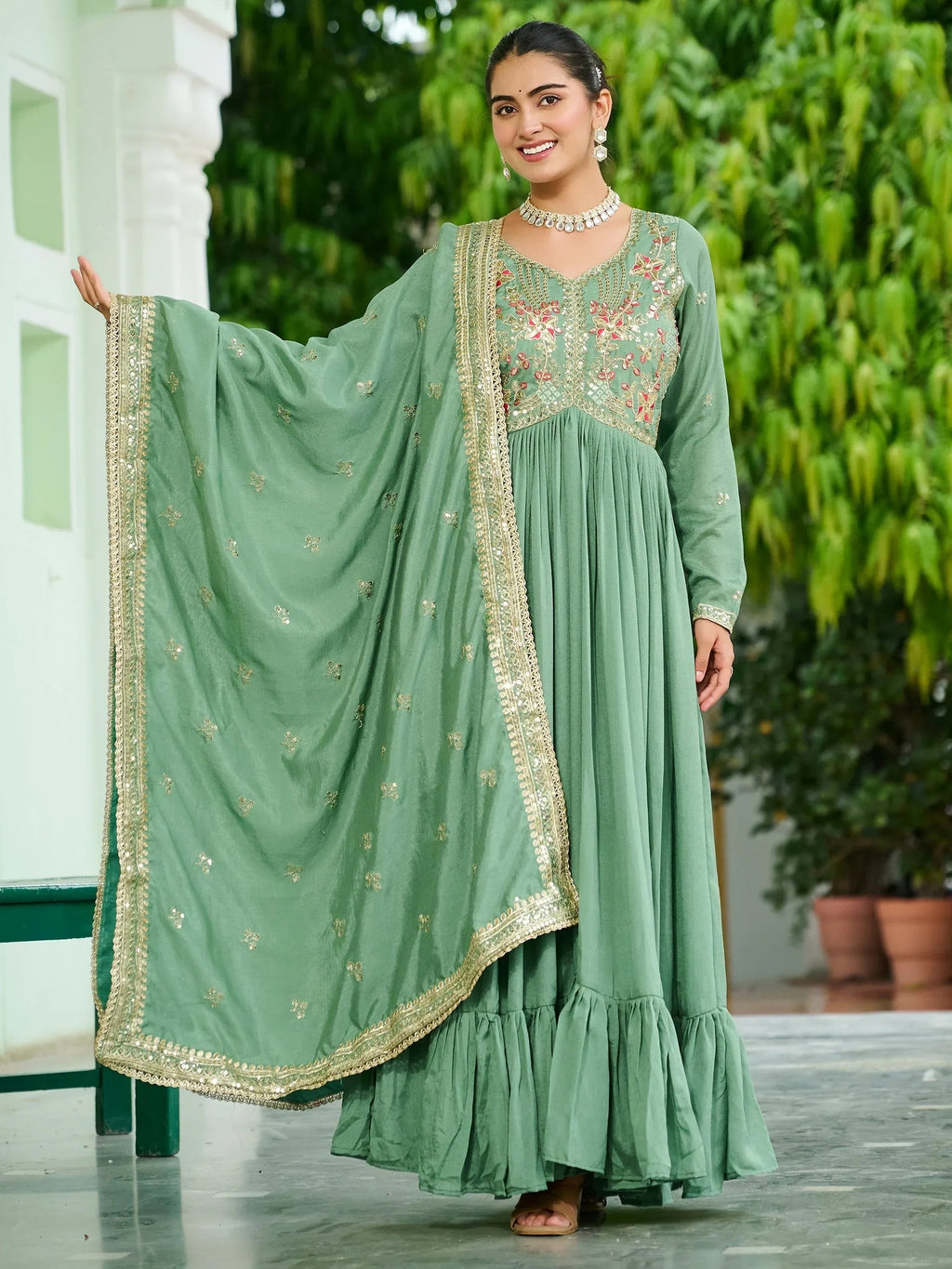 Green Stunning Embroidered Silk Flared Gown With Dupatta