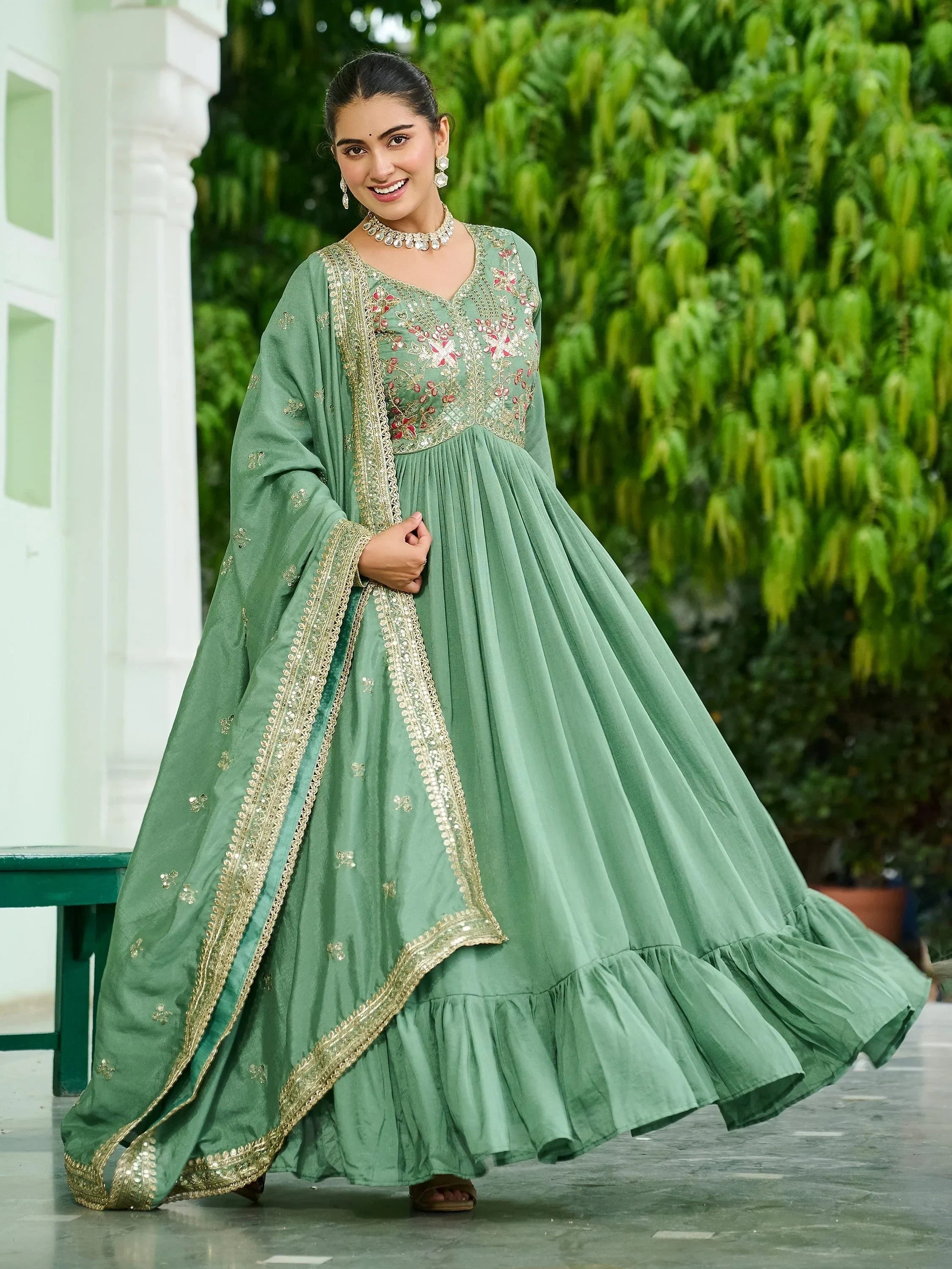 Green Stunning Embroidered Silk Flared Gown With Dupatta