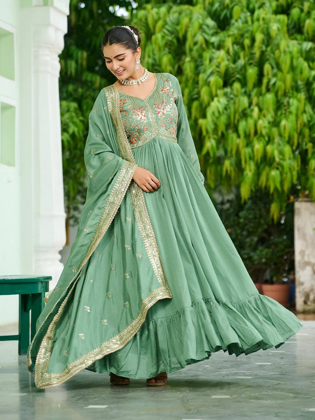 Green Stunning Embroidered Silk Flared Gown With Dupatta