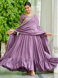 Lavender Stunning Embroidered Silk Flared Gown With Dupatta