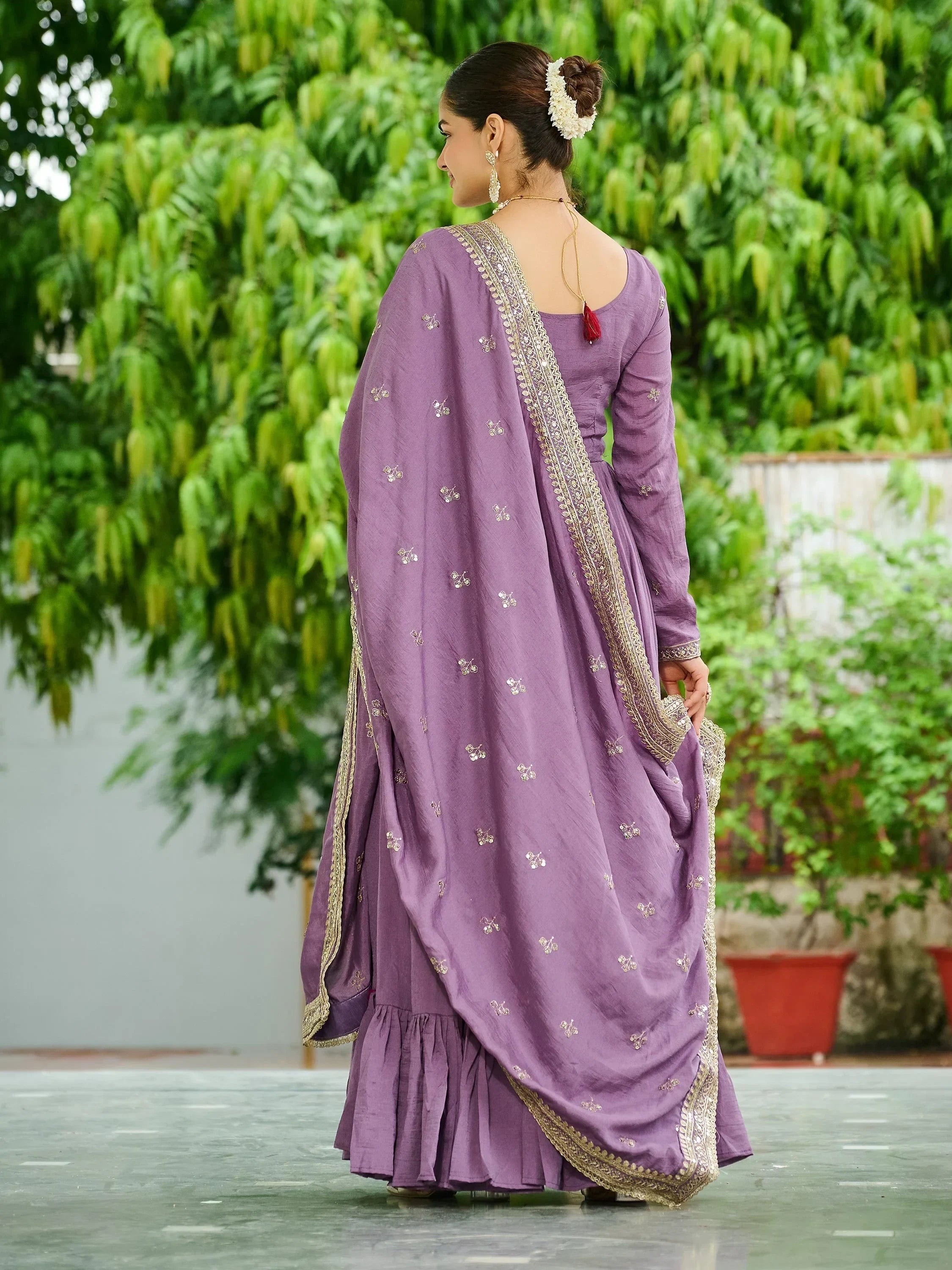 Lavender Stunning Embroidered Silk Flared Gown With Dupatta
