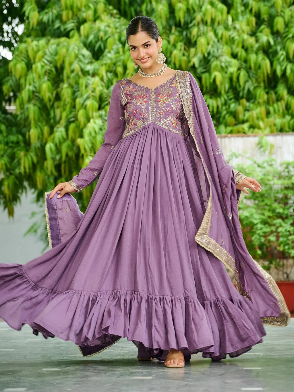 Lavender Stunning Embroidered Silk Flared Gown With Dupatta