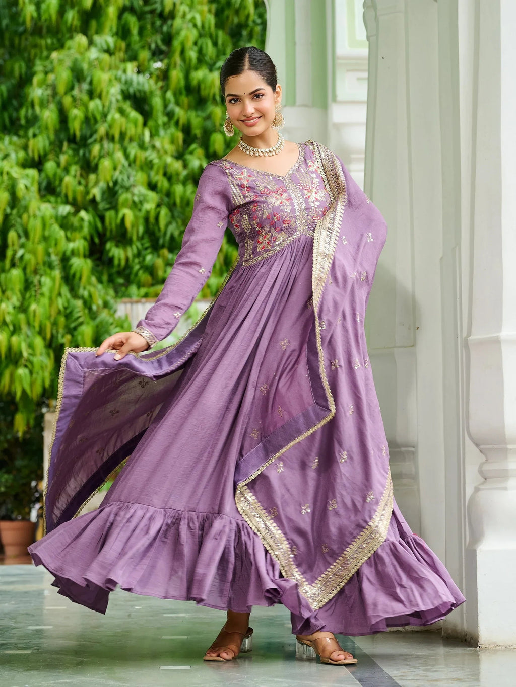 Lavender Stunning Embroidered Silk Flared Gown With Dupatta