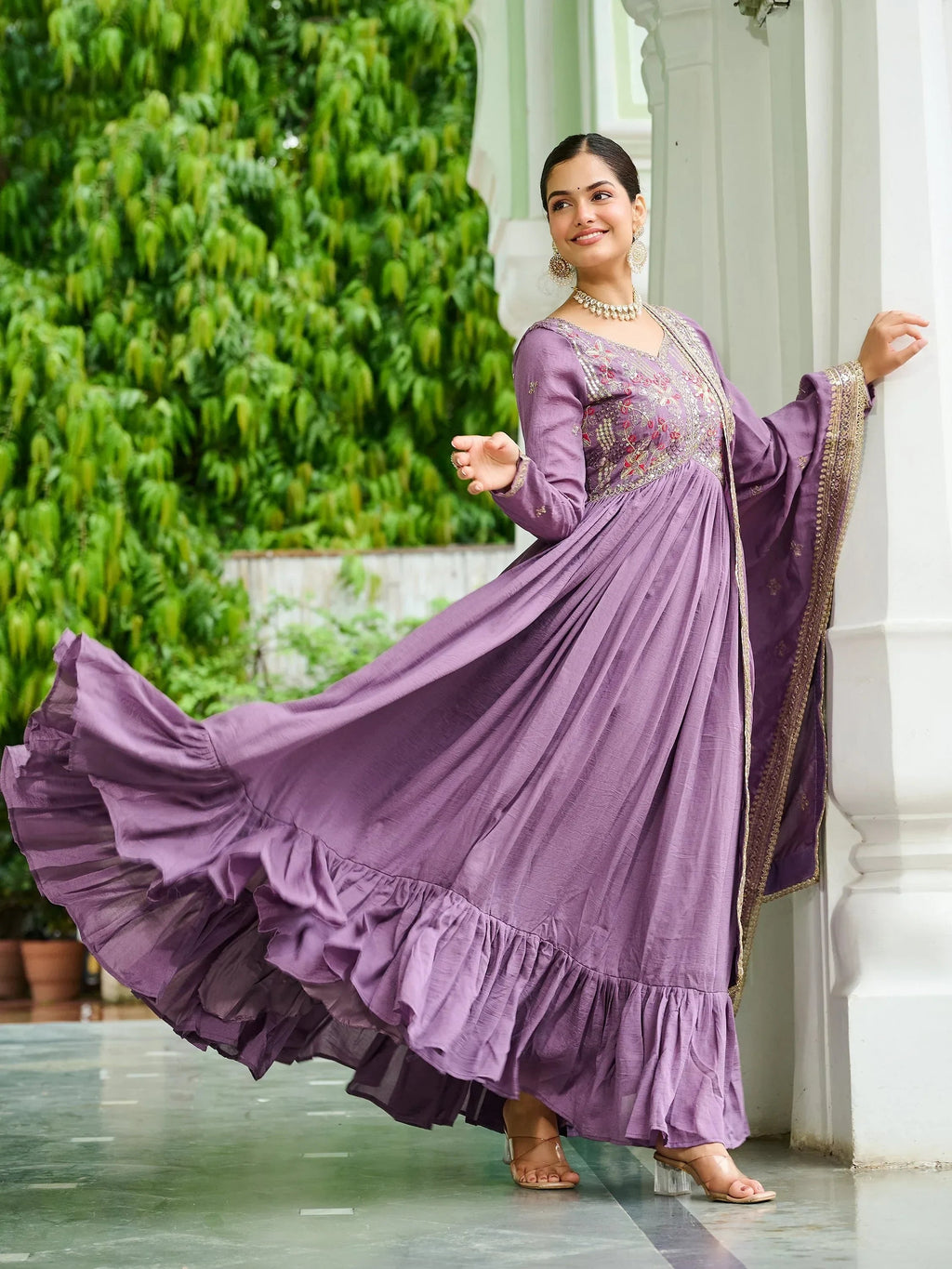 Lavender Stunning Embroidered Silk Flared Gown With Dupatta