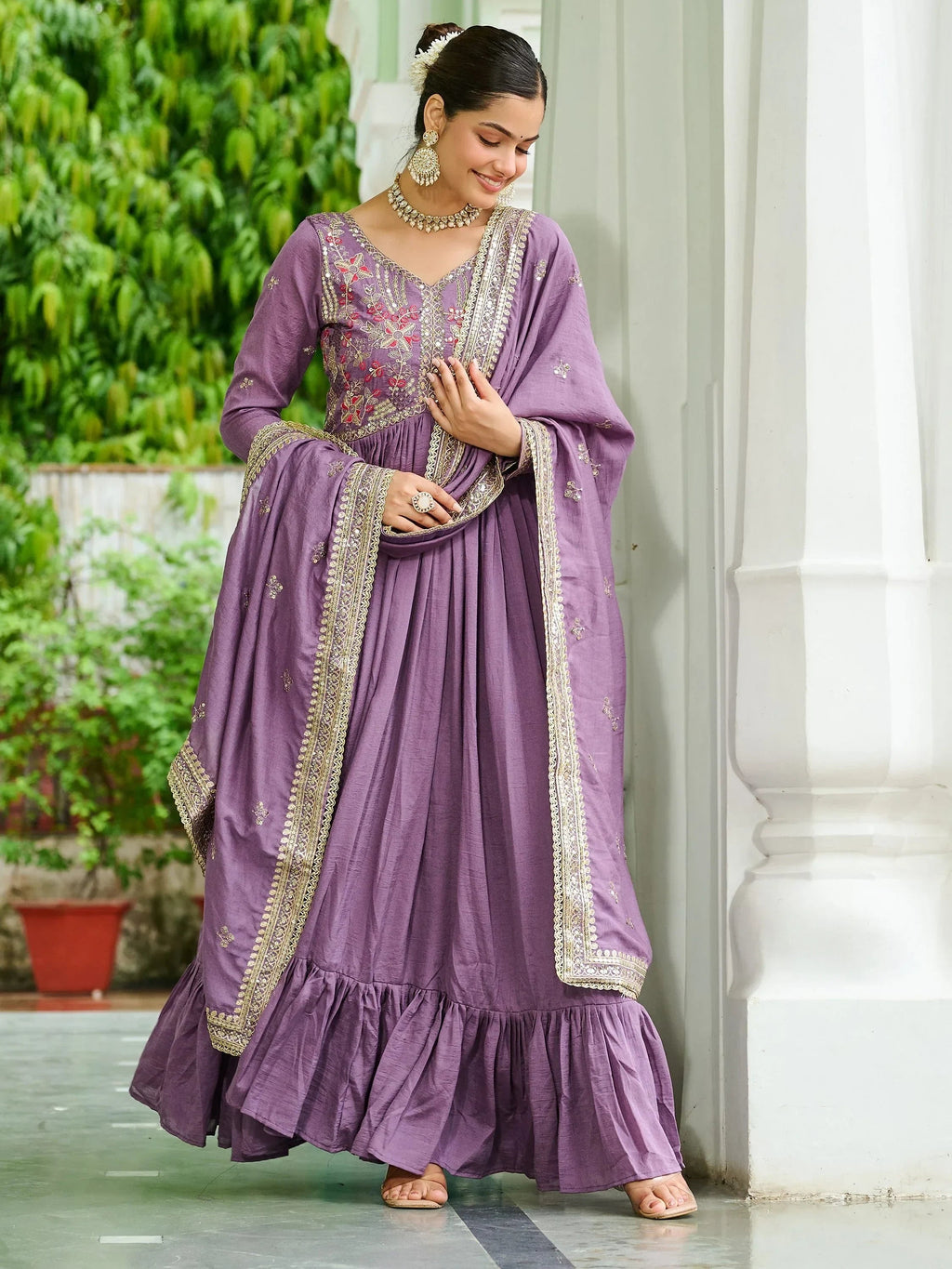 Lavender Stunning Embroidered Silk Flared Gown With Dupatta