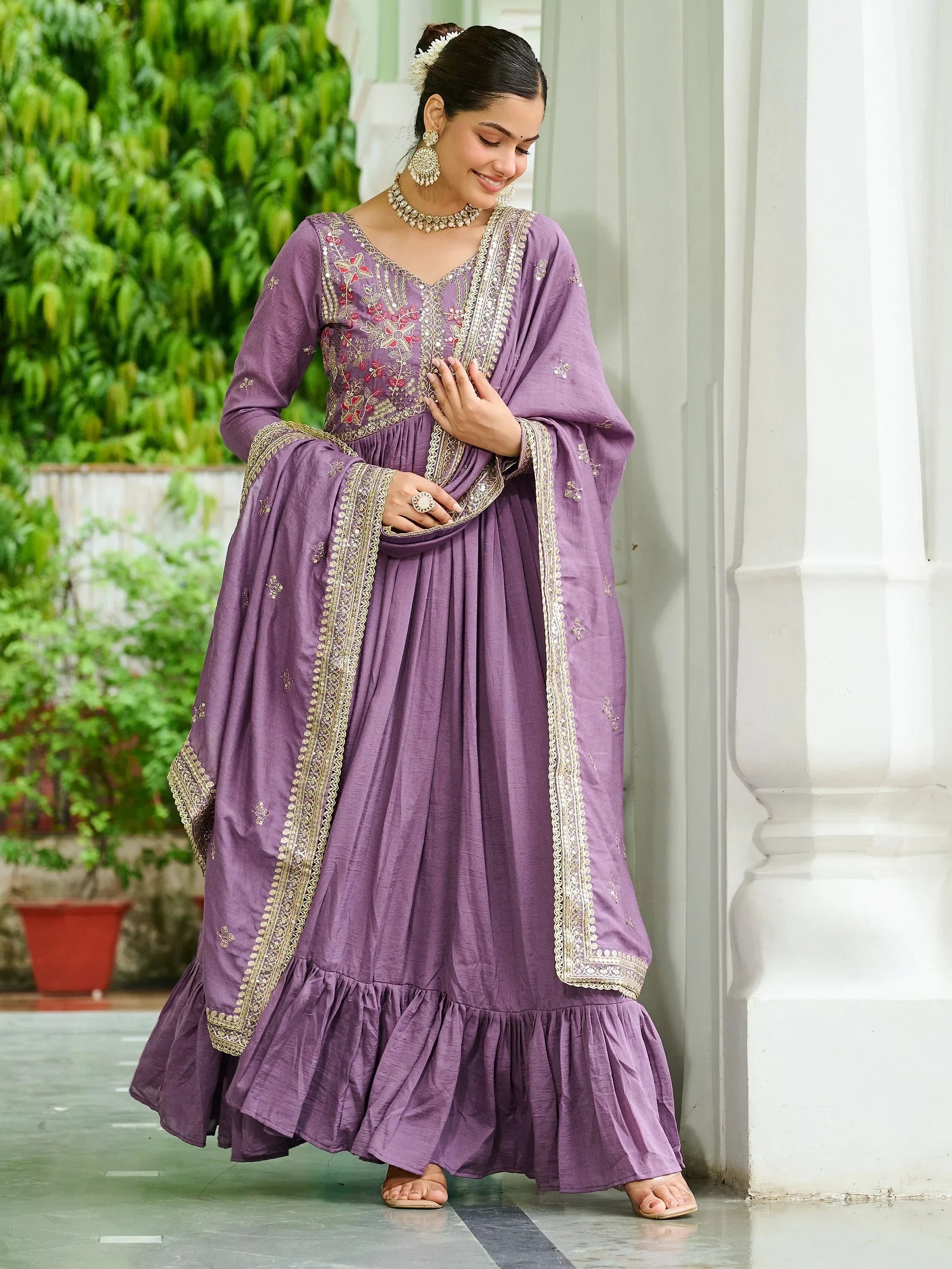 Lavender Stunning Embroidered Silk Flared Gown With Dupatta