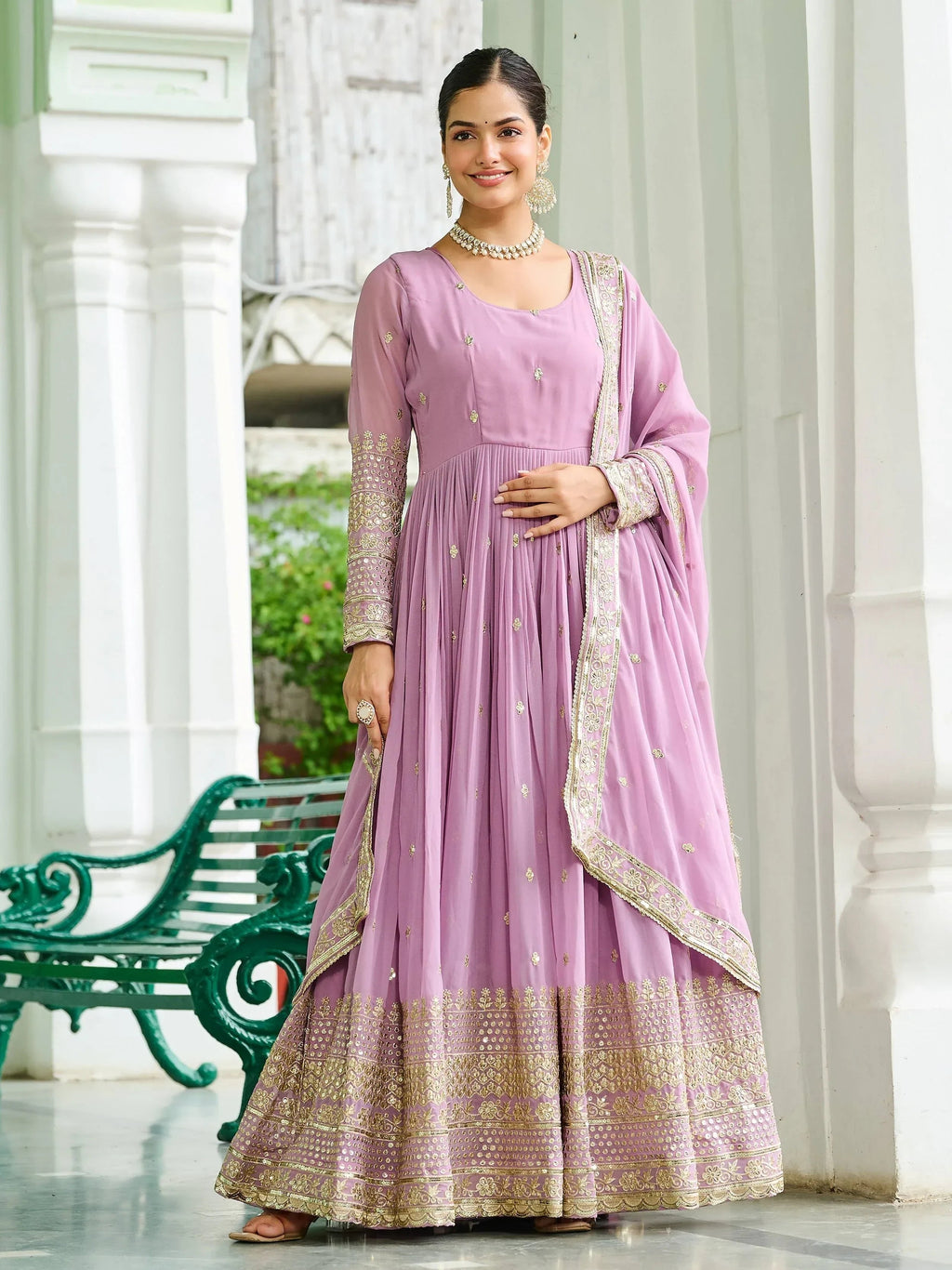 Pink Beautiful Georgette Embroidered Wedding Wear Gown With Dupatta