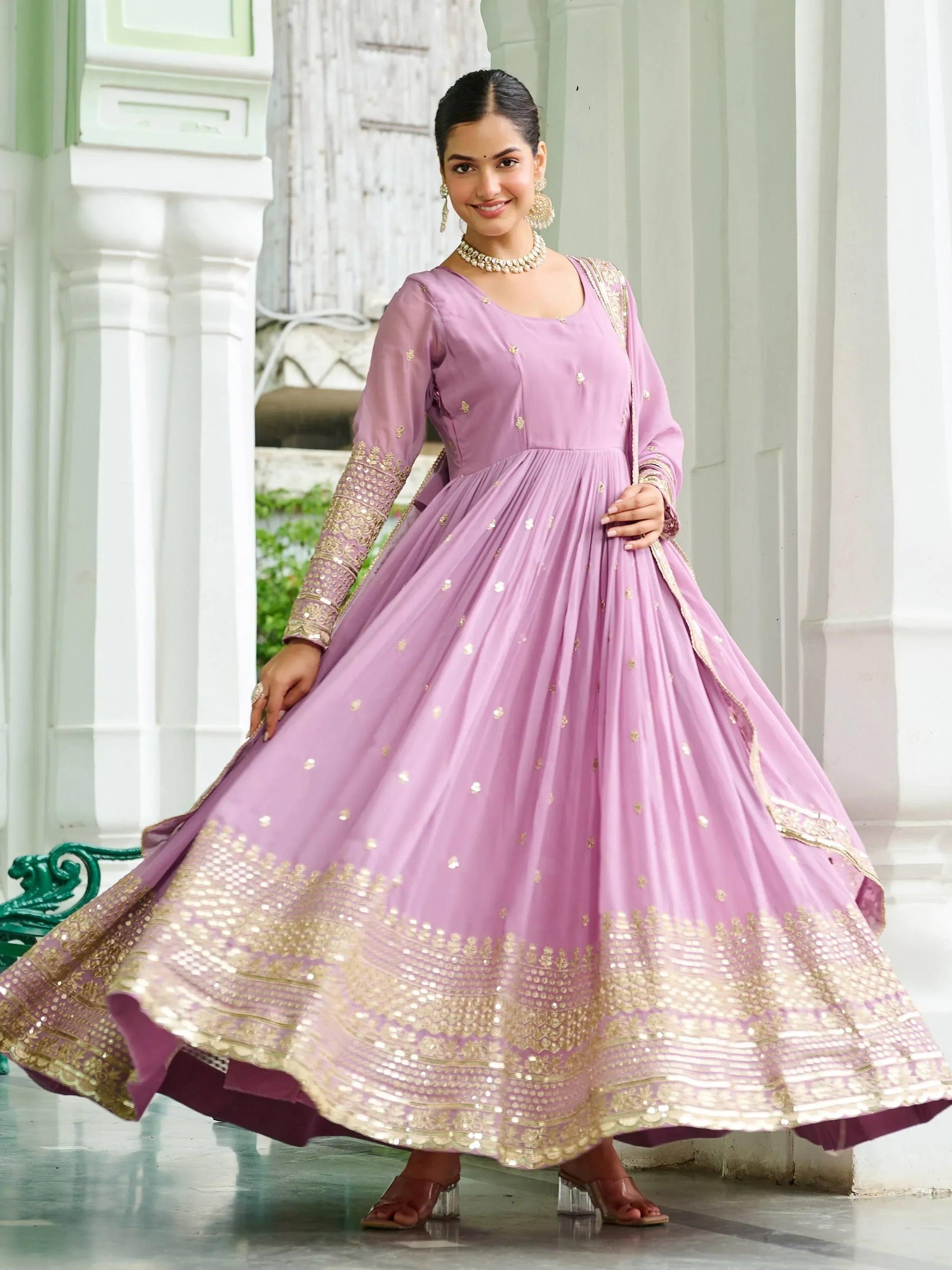 Pink Beautiful Georgette Embroidered Wedding Wear Gown With Dupatta