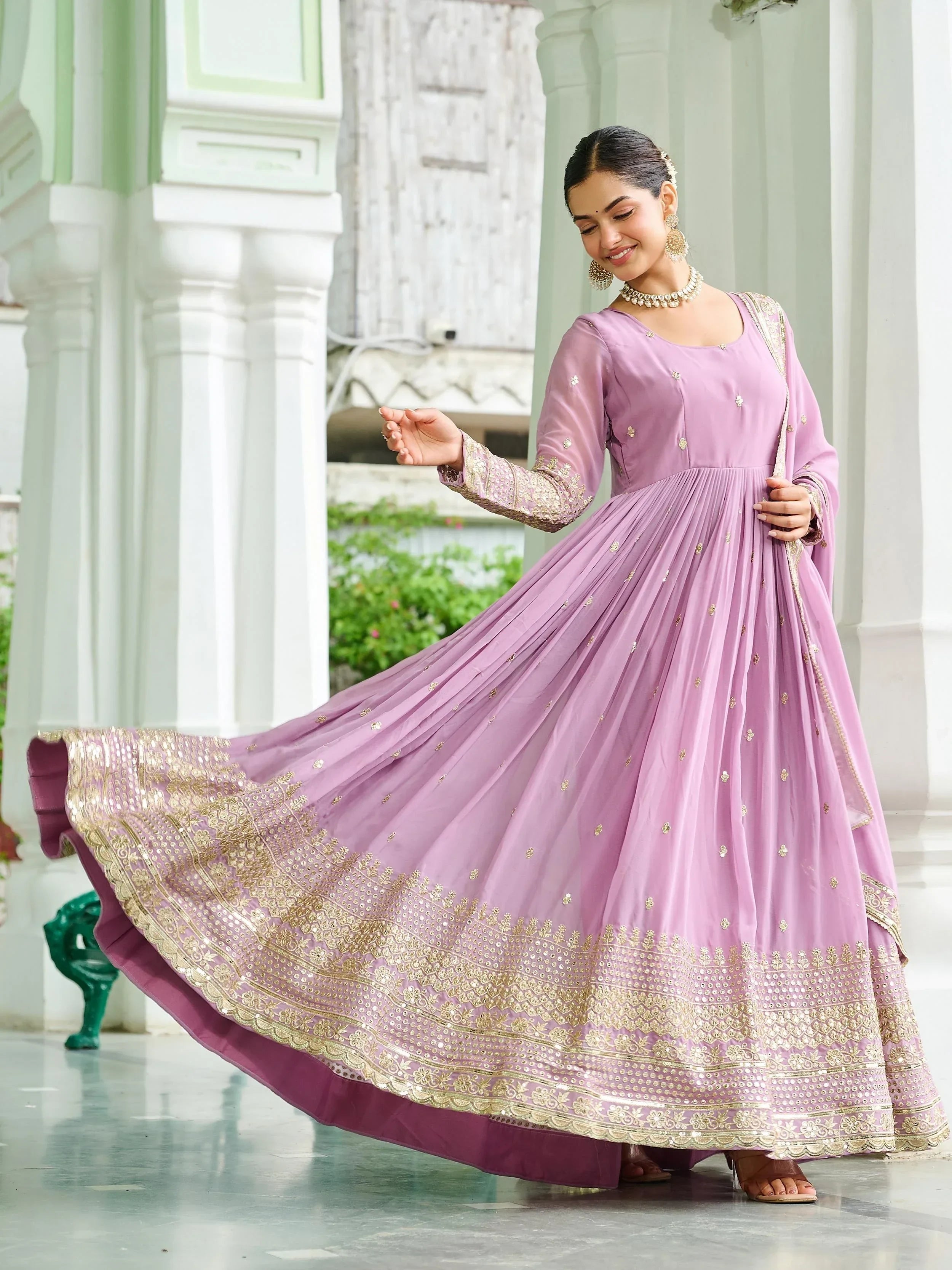 Pink Beautiful Georgette Embroidered Wedding Wear Gown With Dupatta