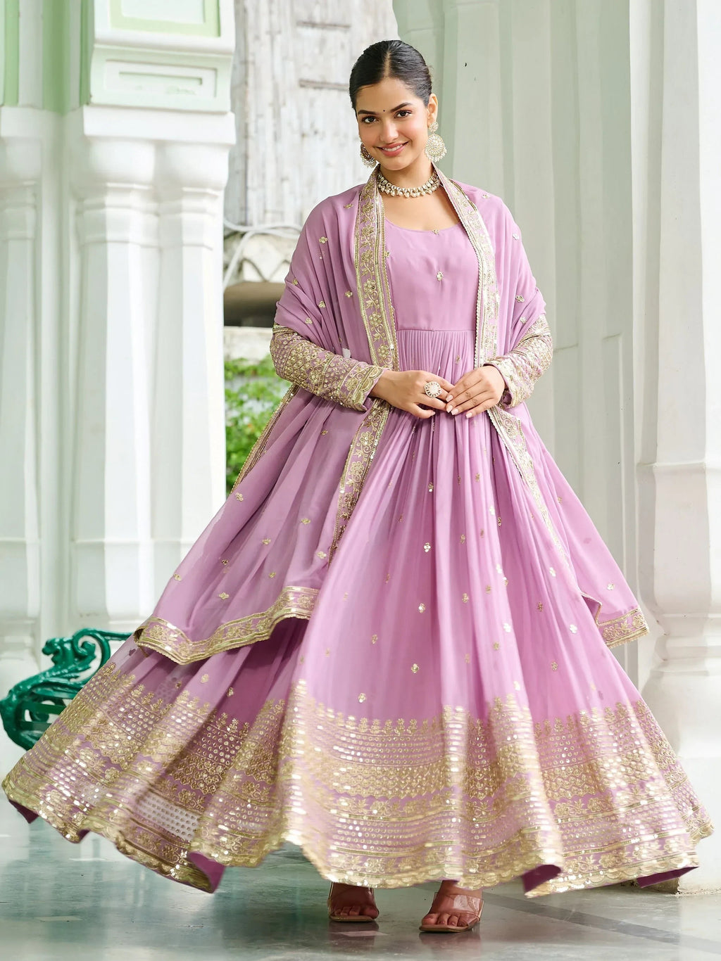 Pink Beautiful Georgette Embroidered Wedding Wear Gown With Dupatta