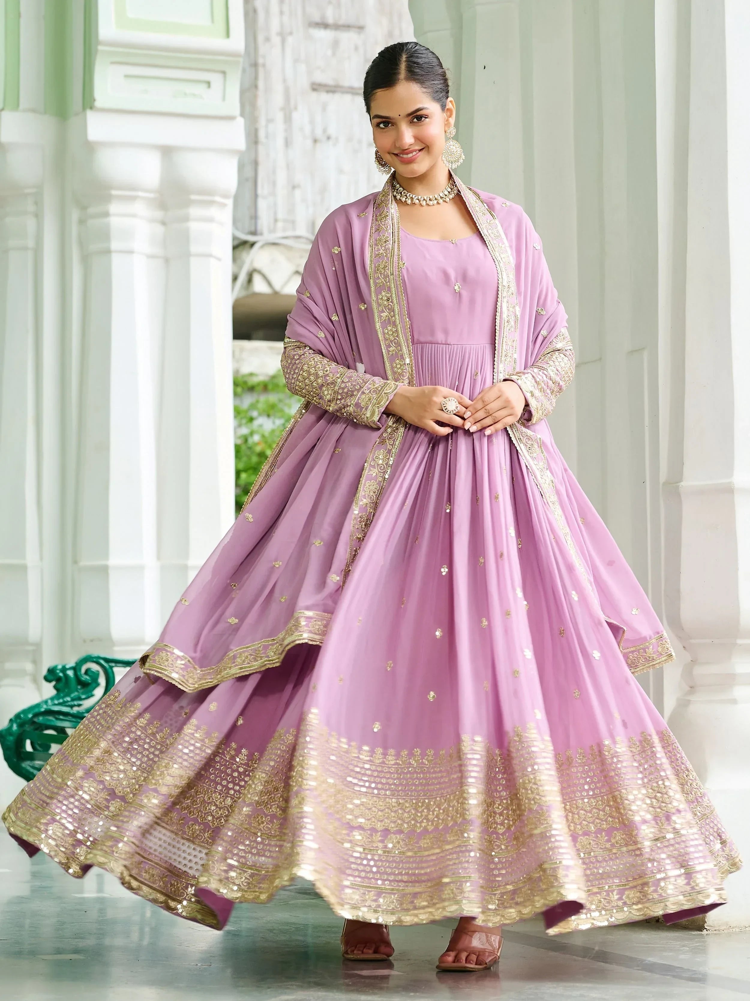 Pink Beautiful Georgette Embroidered Wedding Wear Gown With Dupatta