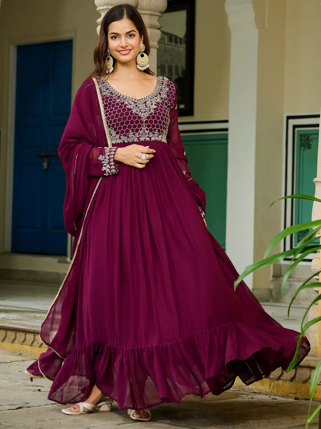 Stunning Maroon Embroidered Georgette Festive Wear Gown With Dupatta